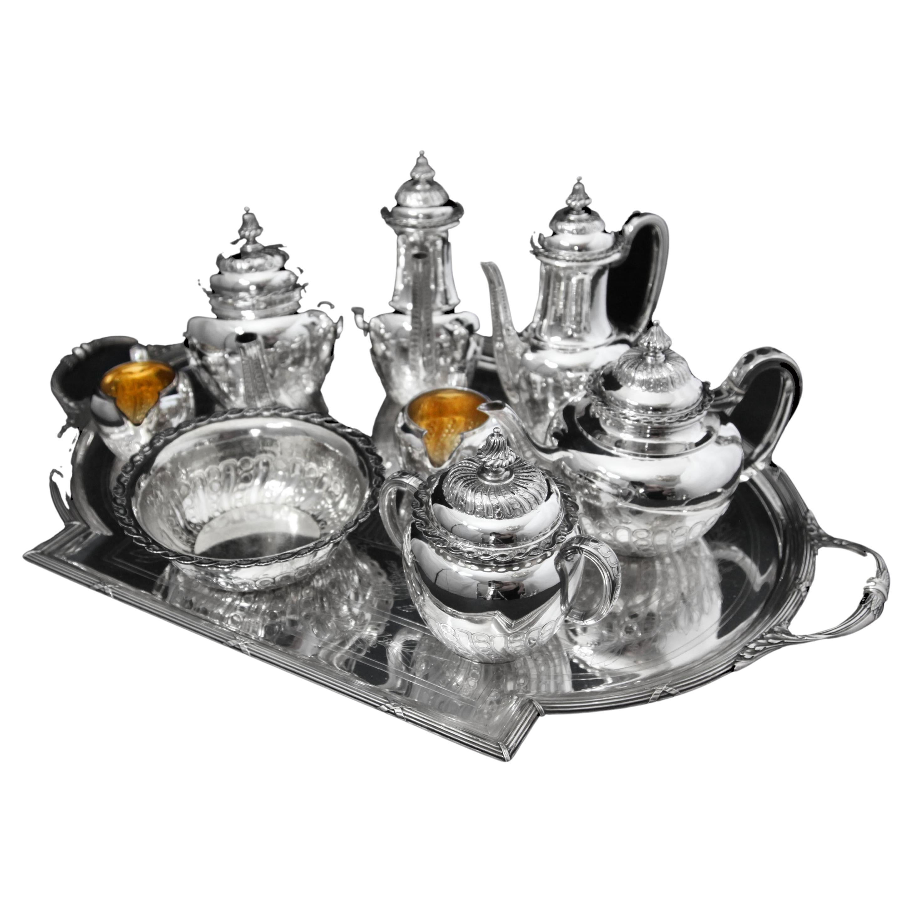Odiot & Faberge - 9pc. French 950 Sterling Silver Tea Set + 6 Faberge Cups For Sale