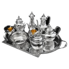 Odiot & Faberge - 9pc. French 950 Sterling Silver Tea Set + 6 Faberge Cups