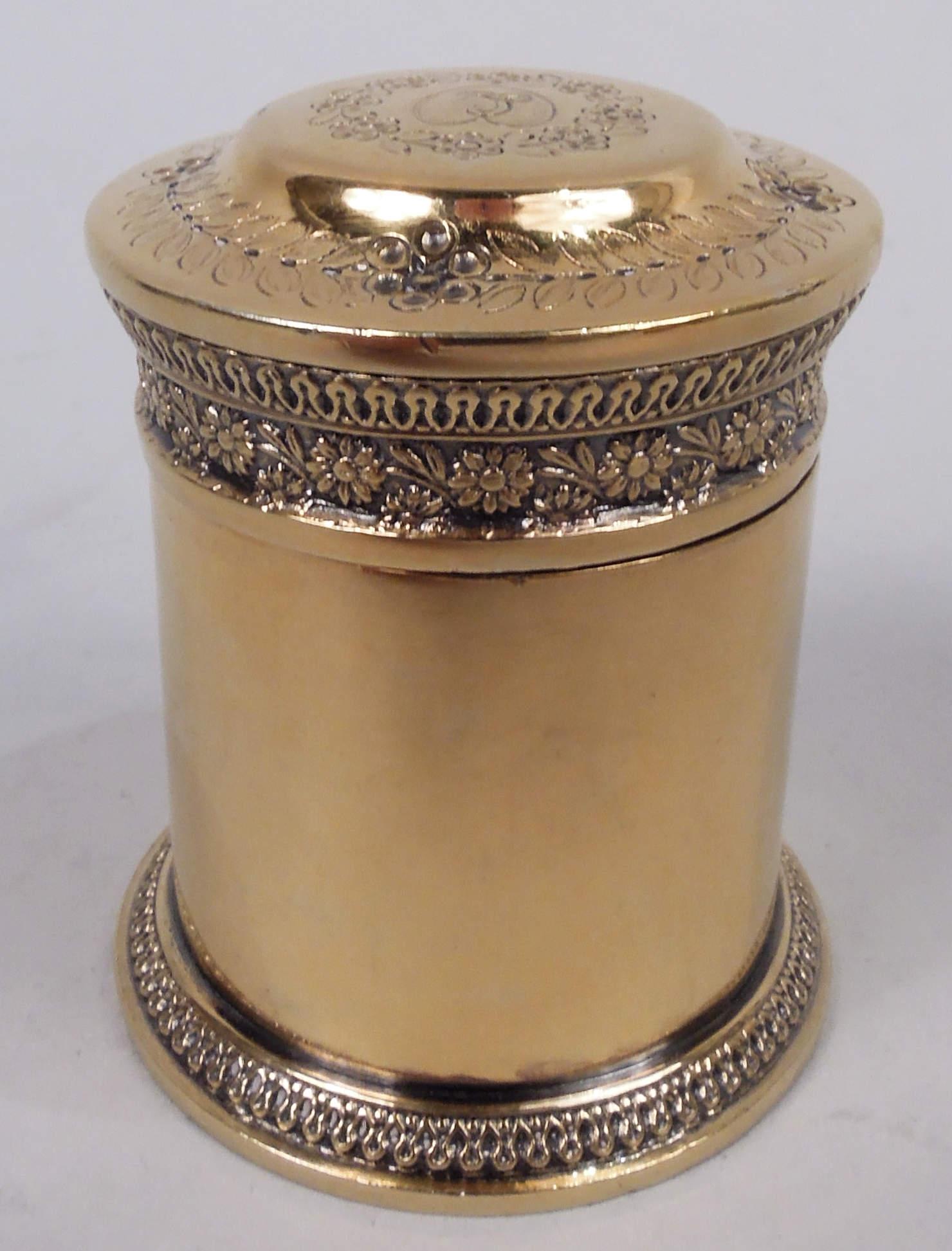  Restauration Classical silver gilt box. Made by Jean-Baptiste Claude Odiot in Paris, ca 1820. Drum form with spread base; cover raised. Cast egg-and-dart and floral rims. Heart engraved with single script letter monogram set in flower wreath on