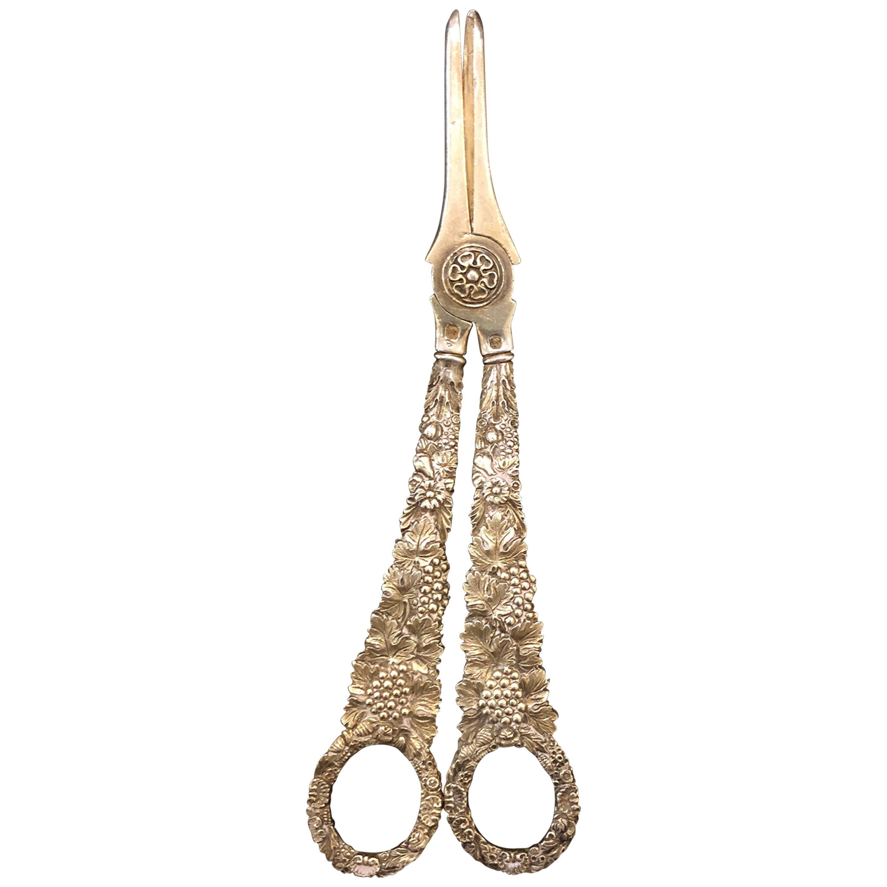 Odiot Grape Scissors 19th Century, Vermeil with Rich Wine Yard Style Chiseling For Sale