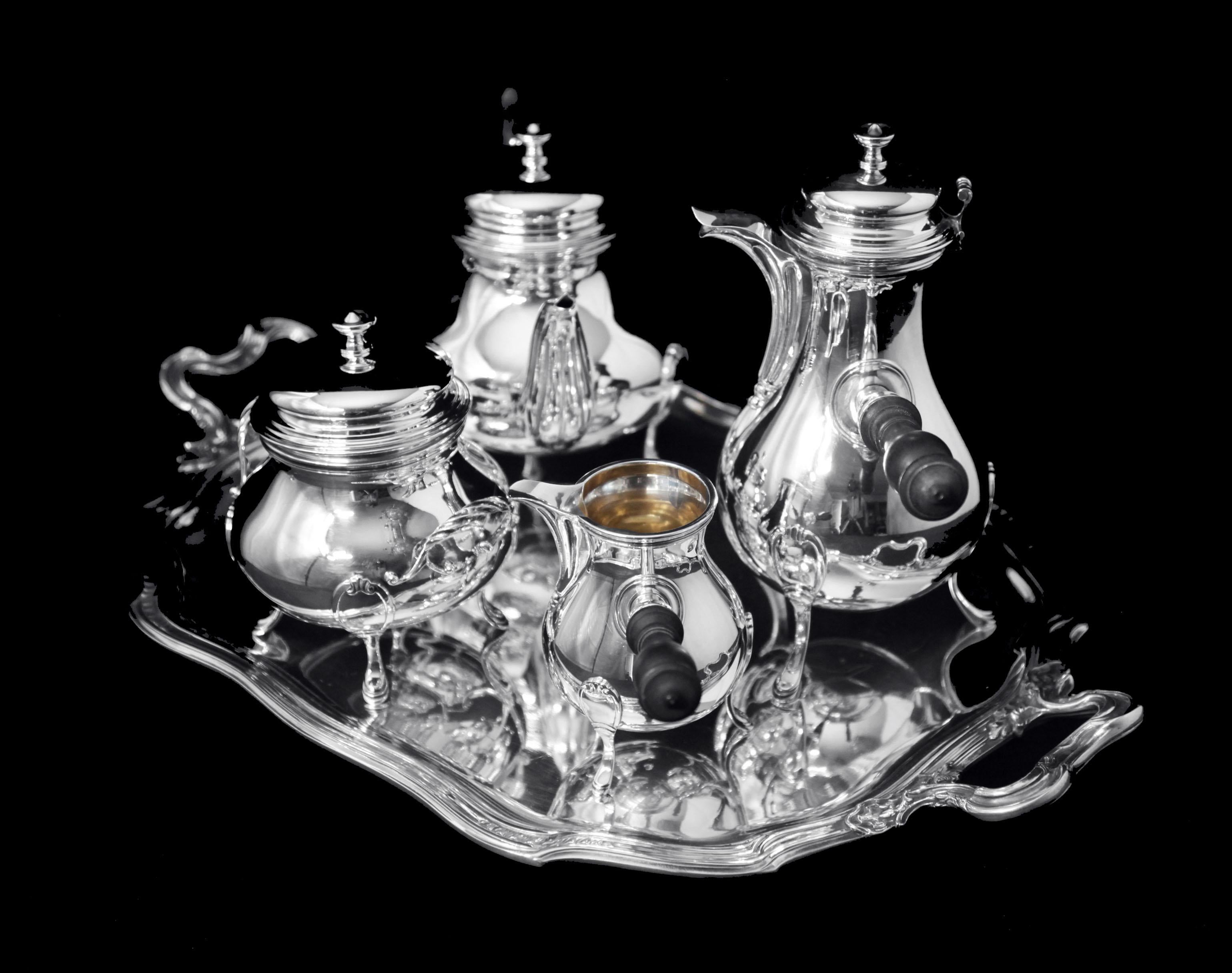 Odiot Henin - 5pc. Antique French 950 Sterling Silver Louis XVI Tea Set + Tray In Good Condition For Sale In Wilmington, DE