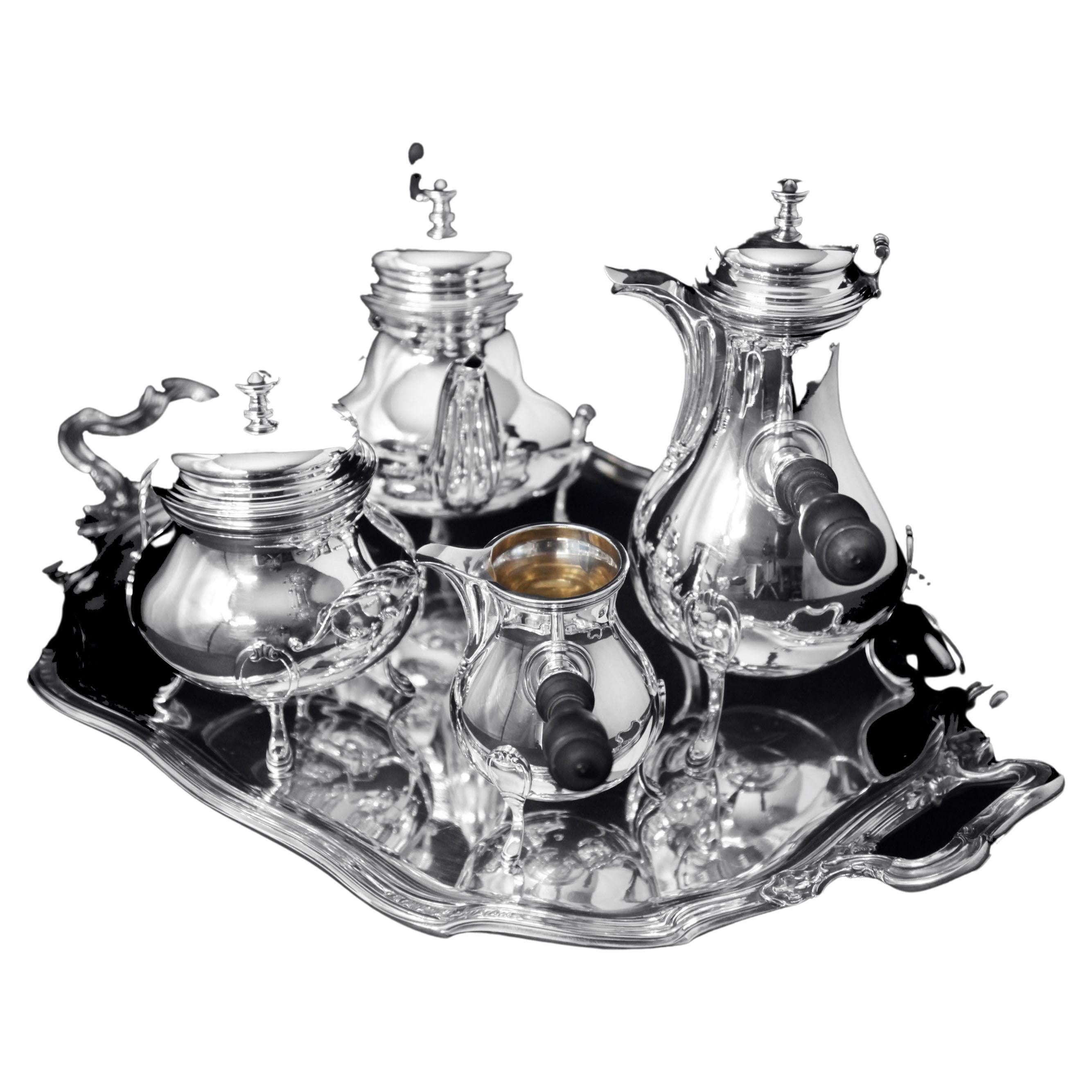 Odiot Henin - 5pc. Antique French 950 Sterling Silver Louis XVI Tea Set + Tray For Sale