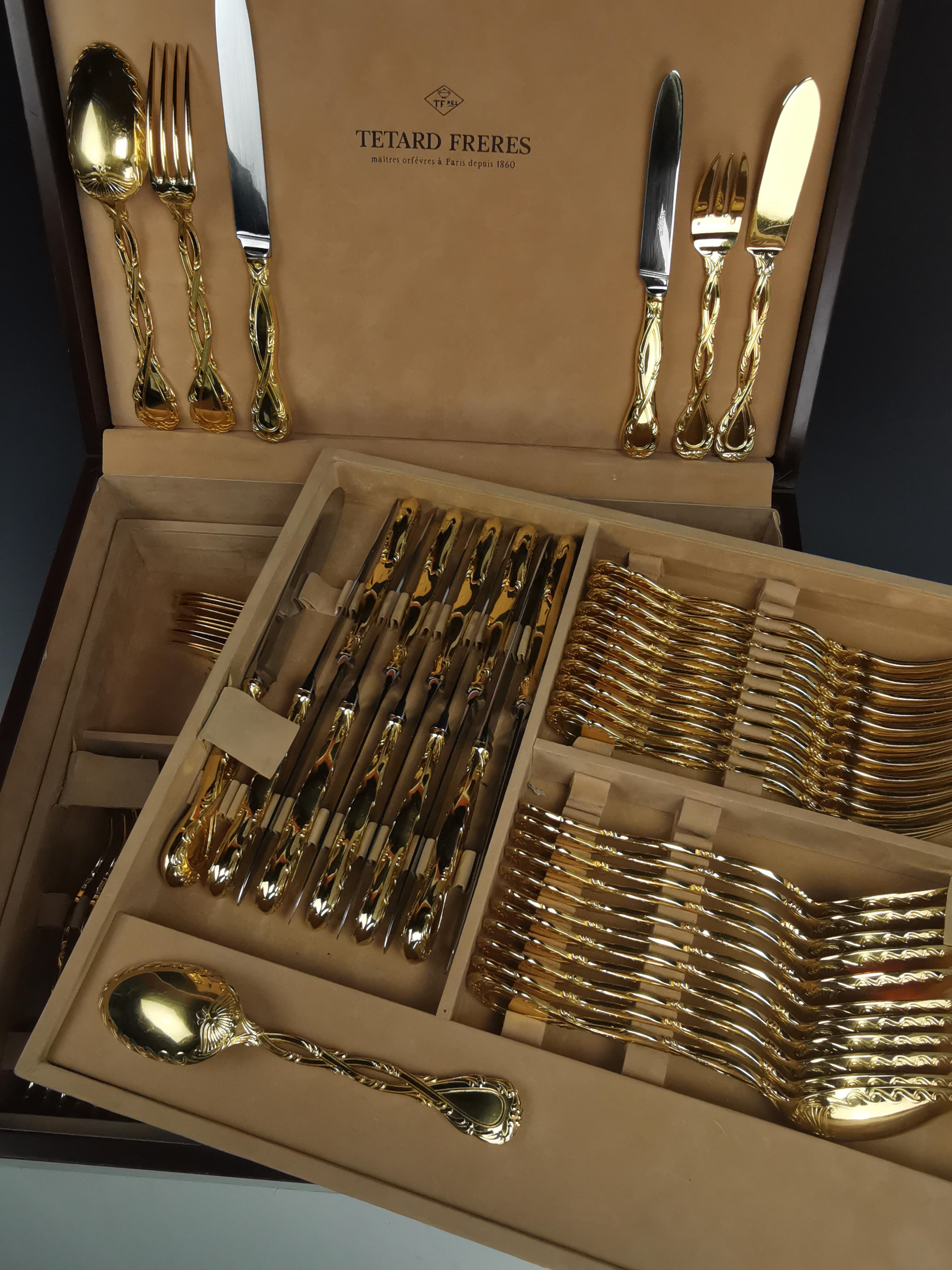 Odiot Trianon Vermeil Sterling Silver Flatware set service by Tetard  In Excellent Condition For Sale In LYON, FR