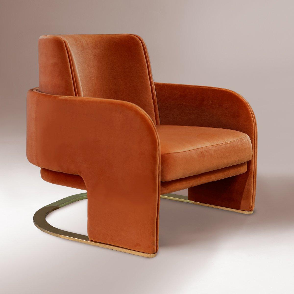 Odisseia armchair by Dooq
Dimensions:
W 71 x D 66 x H 75 x Seat H 41 cm

Materials and finishes
Base and feet in stainless steel plated polished or satin: brass, copper or nickel. Upholstery: seat, armrests and back fully upholstered in fabric