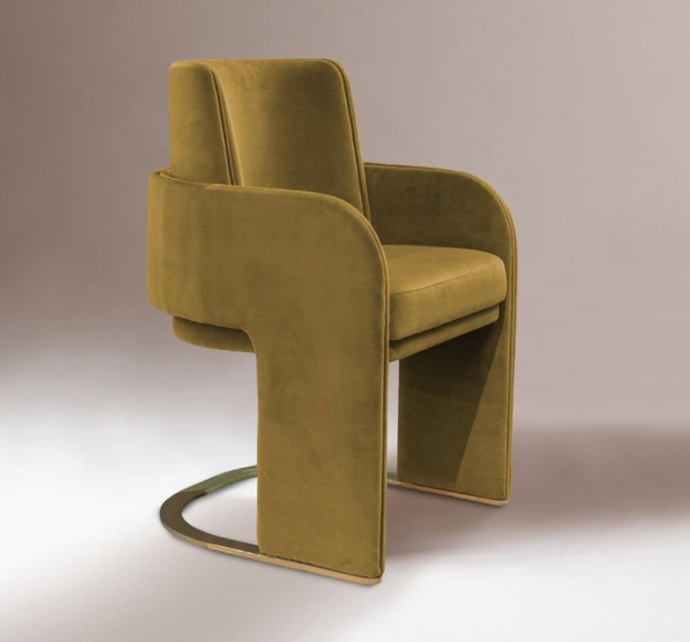 Materials & Finishes
Base and feet in stainless steel plated polished or satin: brass, copper or nickel. Upholstery: seat, armrests and back fully upholstered in fabric or leather.

Product
Odisseia Chair is an elegant and sculptural chair