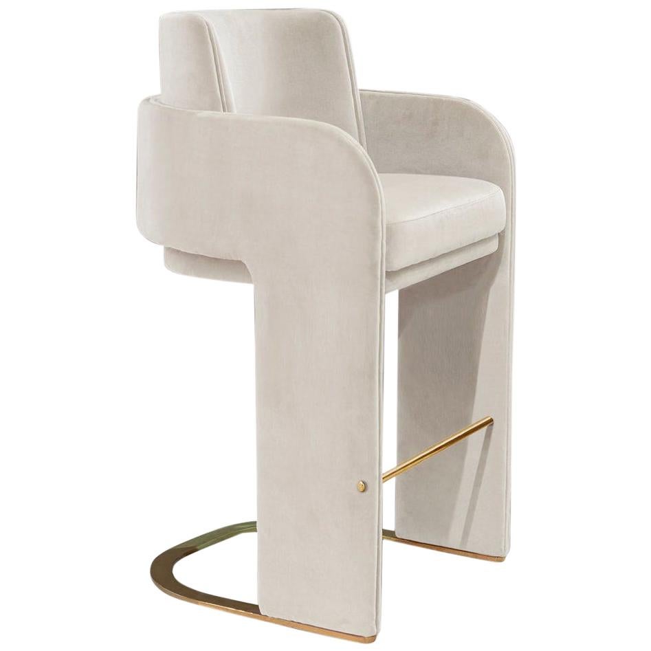 Counter Chair with Soft White Velvet and Brass footrest Odisseia 