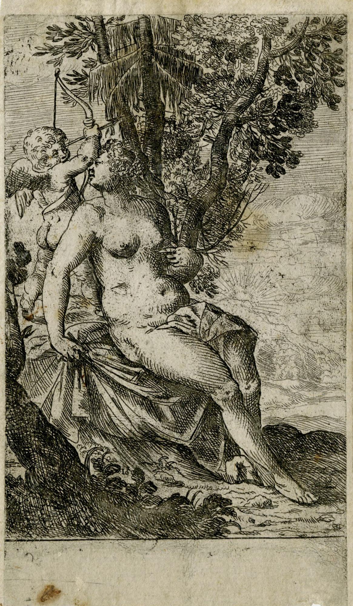 Cupid prepares to shoot an arrow as Venus looks over her right shoulder - Print by Odoardo Fialetti