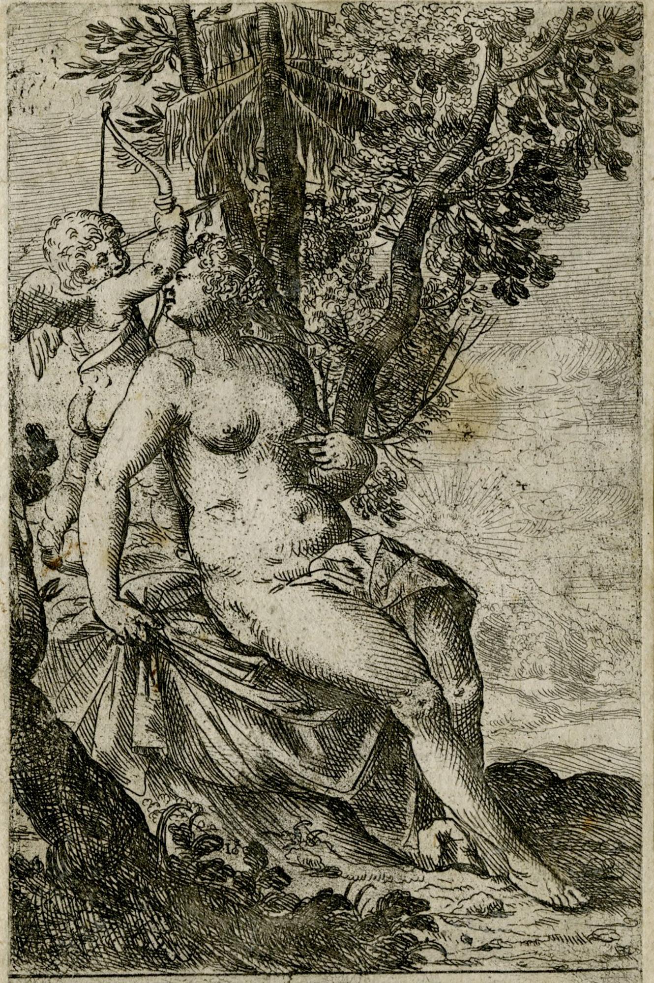Cupido se prepara para lanzar una flecha mientras Venus mira por encima de su hombro derecho