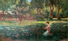 "Picking Flowers In The Meadow" Impressionist Hungarian Oil Painting on Canvas