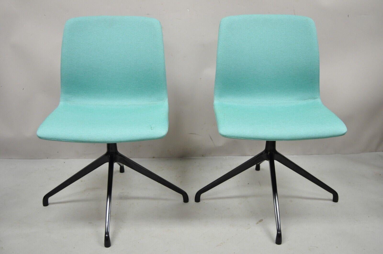 ODS Hairpin Swivel base blue Upholstered side chair - a pair. Item features swivel seat metal base, original label, quality craftsmanship, great style and form, retail price 900+ each. Circa 21st century. Measurements: 31.5