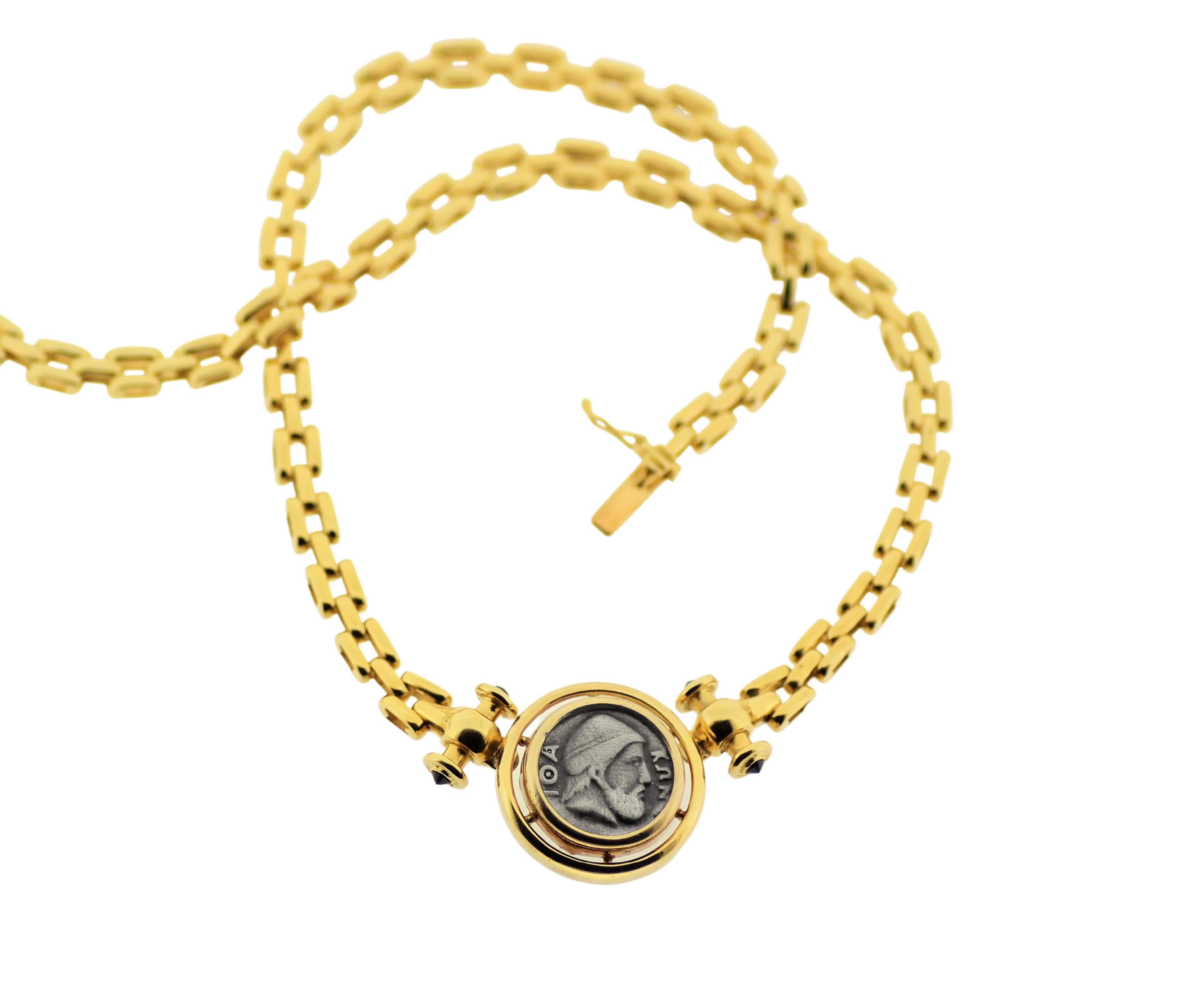 Odysseus Coin Grecian style Chain Necklace in 18Kt Yellow Gold and Oxidized Silver with king of Ithaca Odysseus in the center.
A one-of-a-kind classic necklace timeless ,authentic a family treasure!
Coin front: - Probably the head of King Odysseus