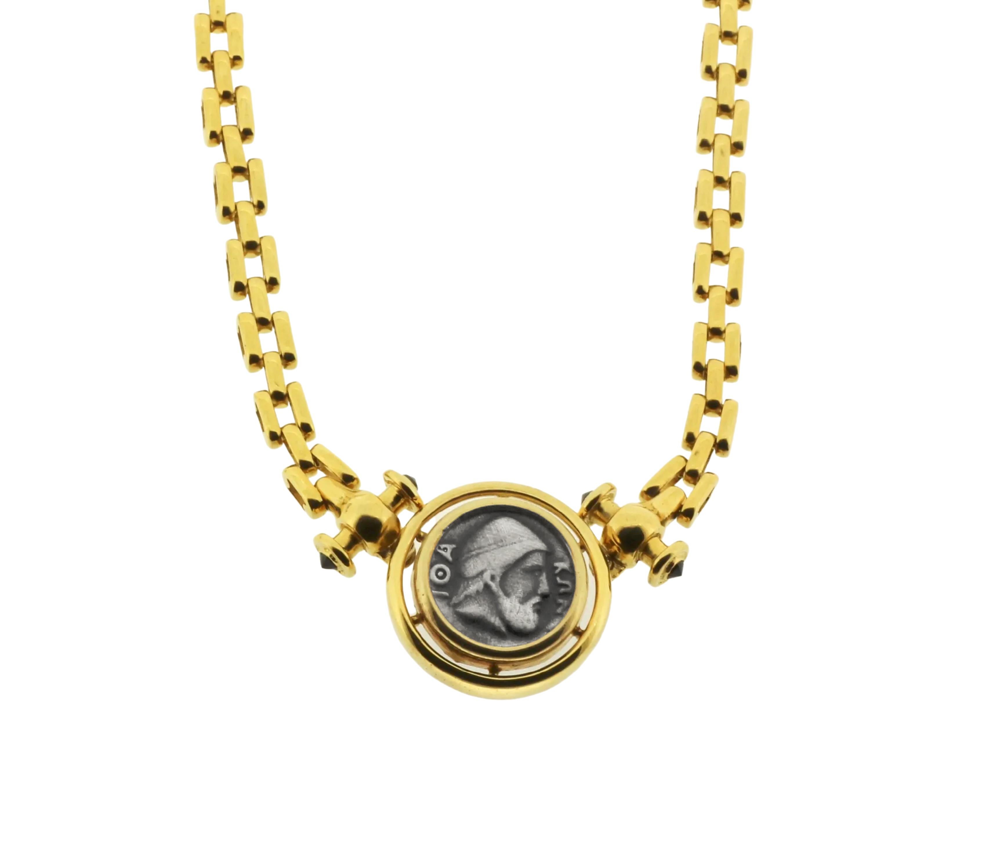 Hellénistique Odysseus Collier  chane grecque en or jaune 18 carats et argent oxyd avec pice de monnaie ancienne en vente