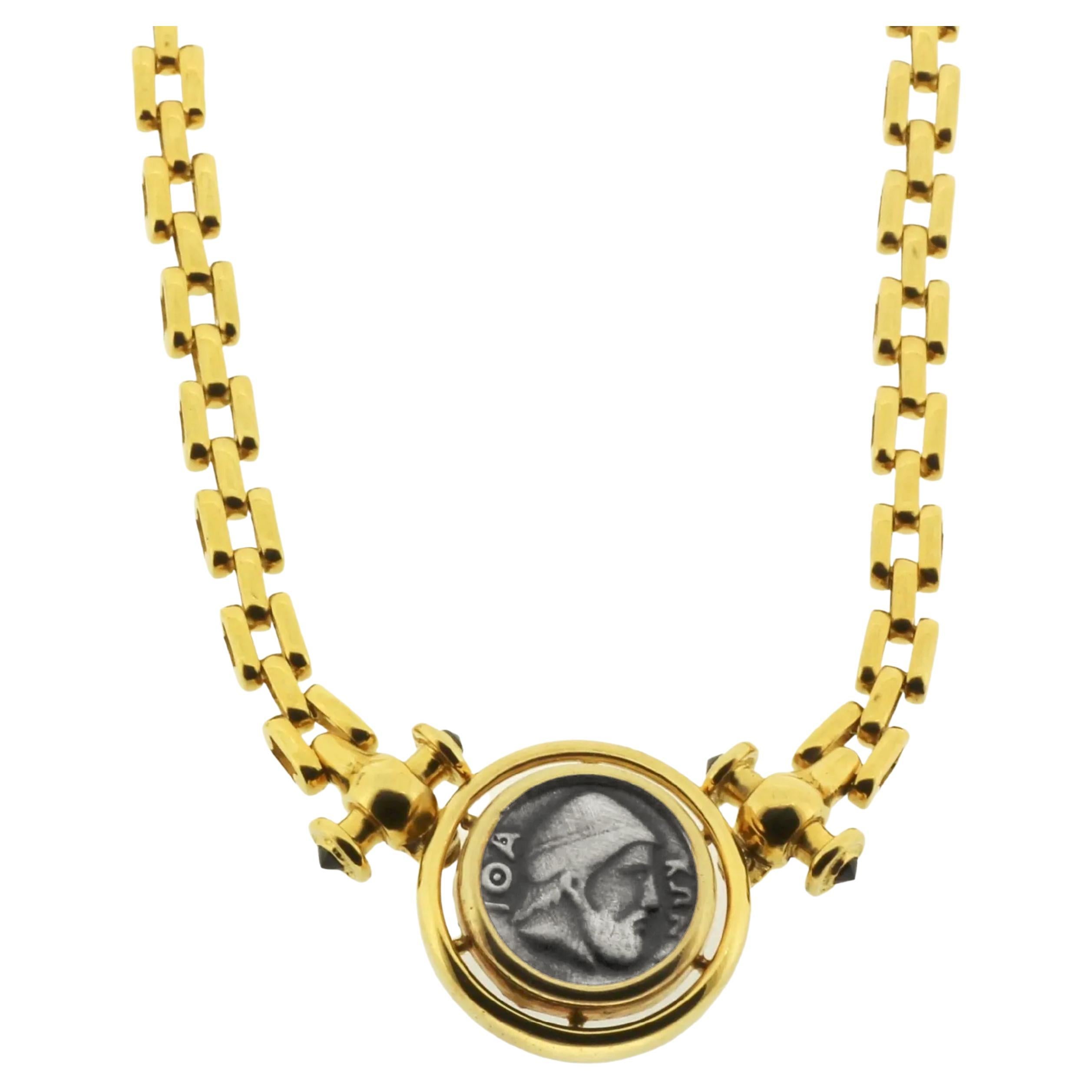 Odysseus Ancient Coin Grecian Chain Necklace 18kt Yellow Gold Oxidized Silver For Sale