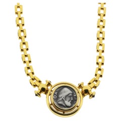 Odysseus Ancient Coin Grecian Chain Necklace 18kt Yellow Gold Oxidized Silver