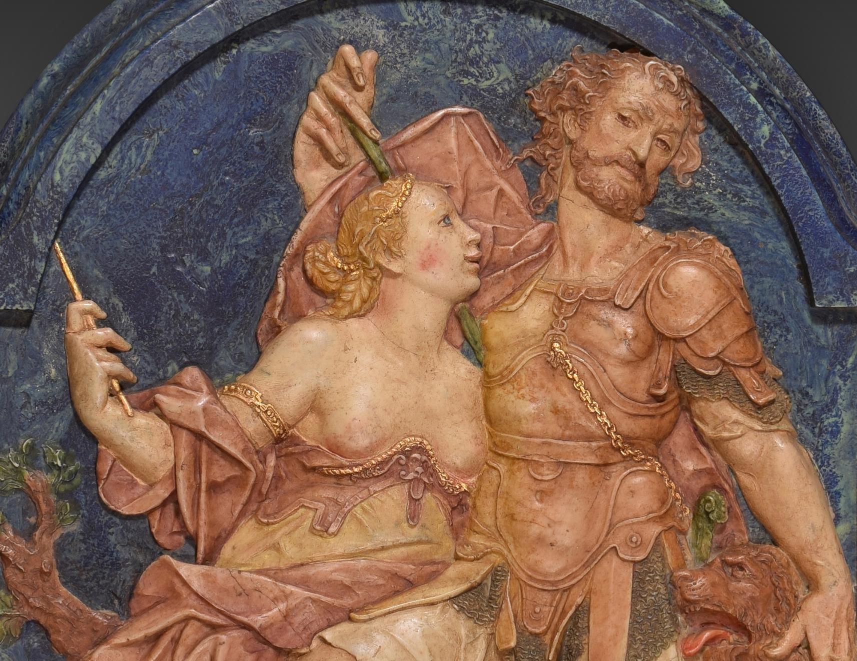 Odysseus and Circe, relief. Modeled alabaster. 20th century, following the model of SPRANGER, Bartholomäus (1546-1611). 
Panel with figurative relief and a fine frame around it made of alabaster molded with polychrome that presents a mythological