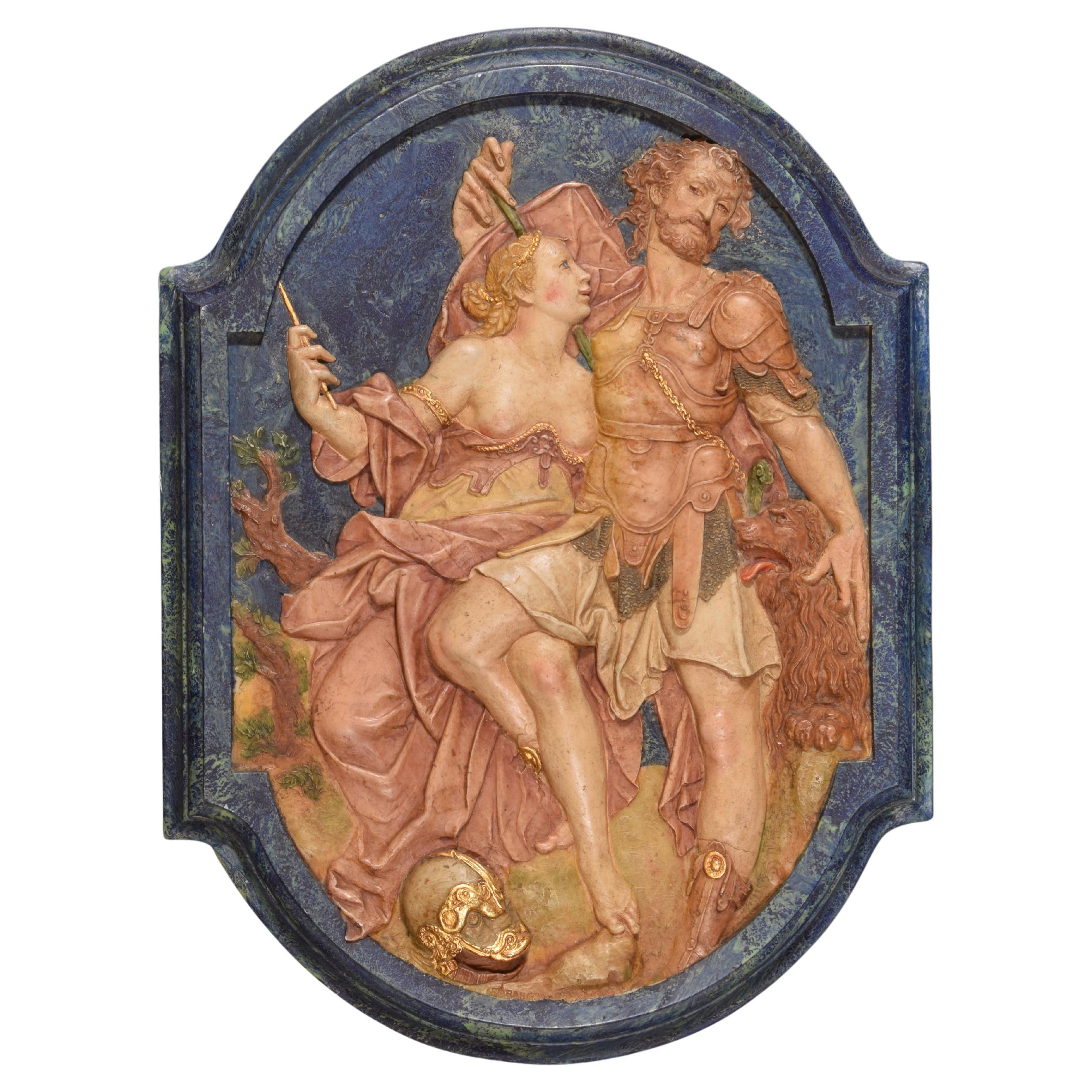 Odysseus and Circe, relief. Modeled alabaster. 20th century For Sale