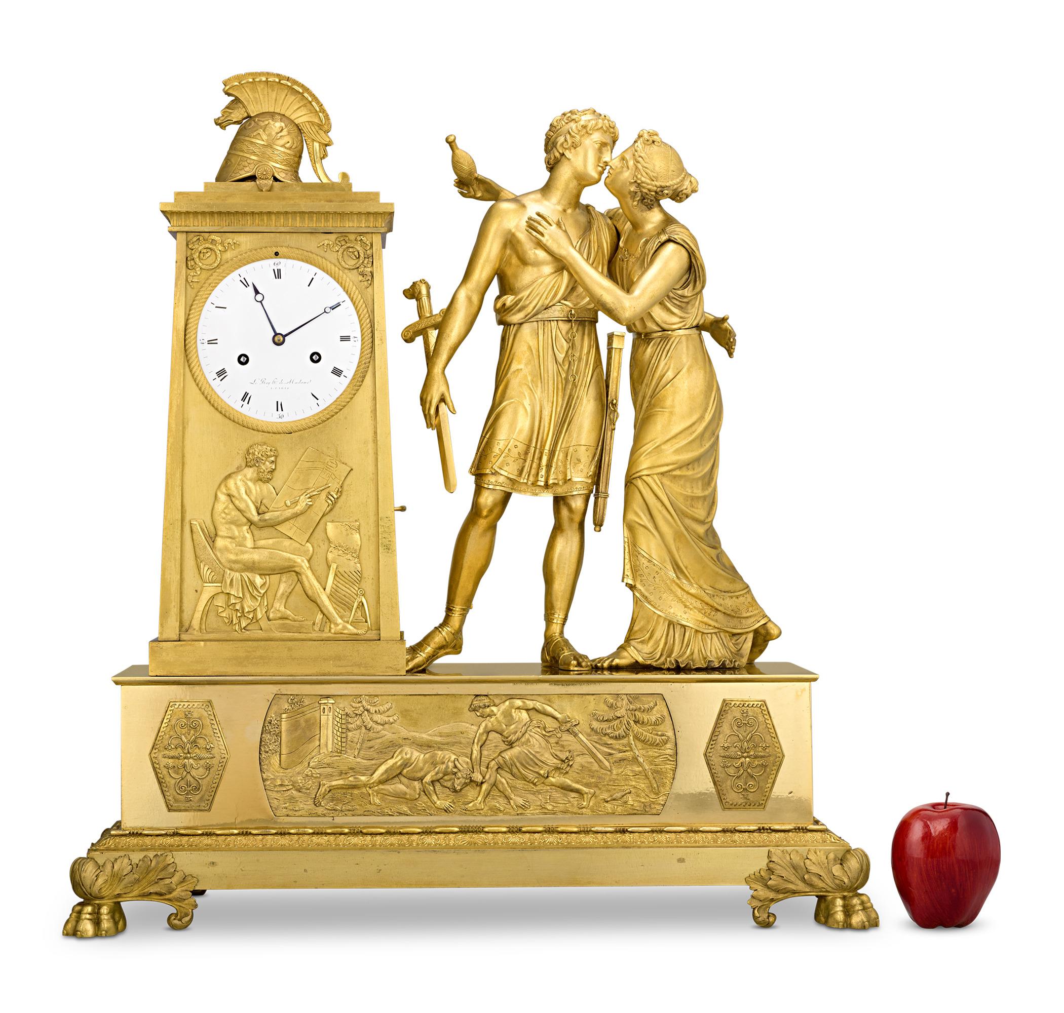 Odysseus and Theseus French Empire Mantel Clock
André Antoine Ravrio
Circa 1800

This monumental Empire mantel clock by André Antoine Ravrio, whose case is crafted entirely of gilded bronze, is quite exceptional. It is one of only four known