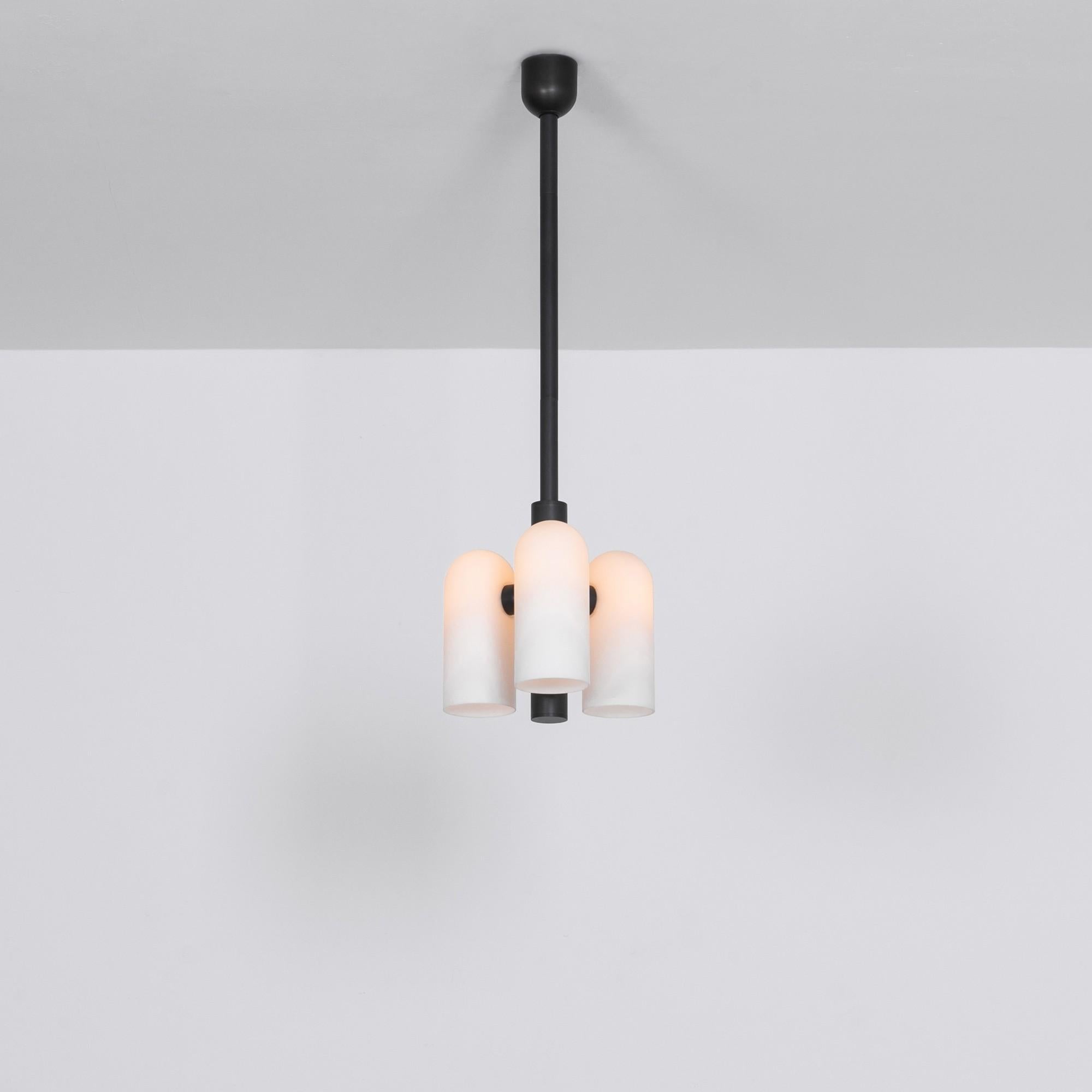 Odyssey 3 Black Pendant Light by Schwung
Dimensions: W 28.6 x D 28.6 x H 137 cm
Materials: Black gunmetal, frosted glass

Finishes available: Black gunmetal, polished nickel


 Schwung is a german word, and loosely defined, means energy or momentumm