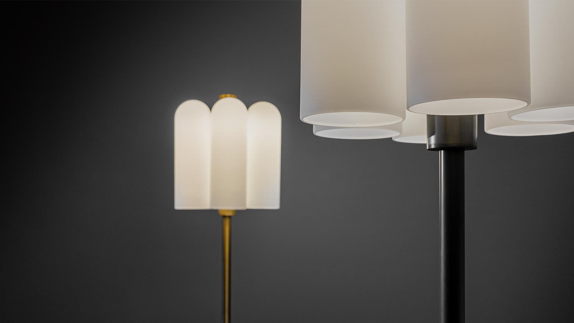The Odyssey floor lamp is a striking symbol, creating an internal architecture. The sturdy base of this table lamp ensures a stable instrument. Six elongated cylinders provide a calming illumination.

Available in our three signature finishes: