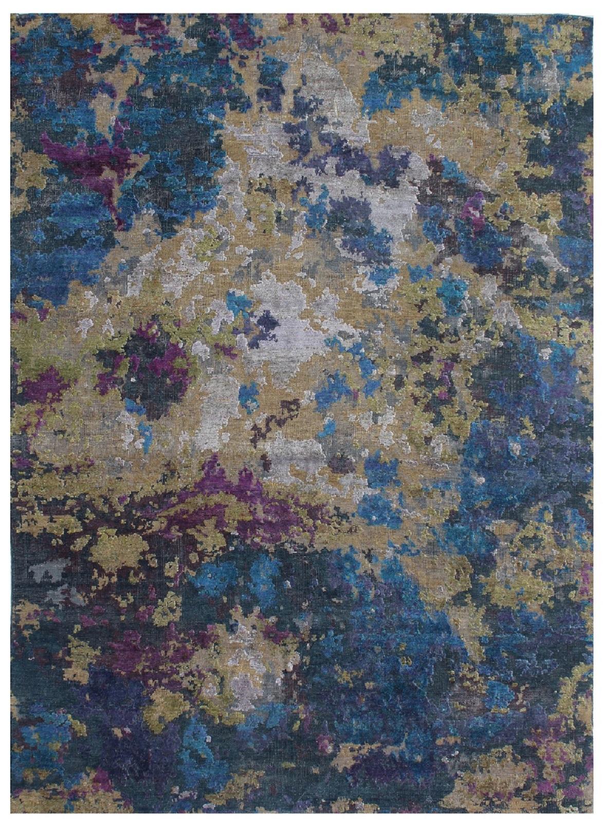 Blue Green Purple Contemporary Hand Woven Wool and Silk Abstract Rug in Stock