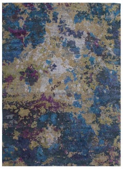 Wool and Silk Abstract Organic Blue Green and Purple Hand-knotted Rug in Stock