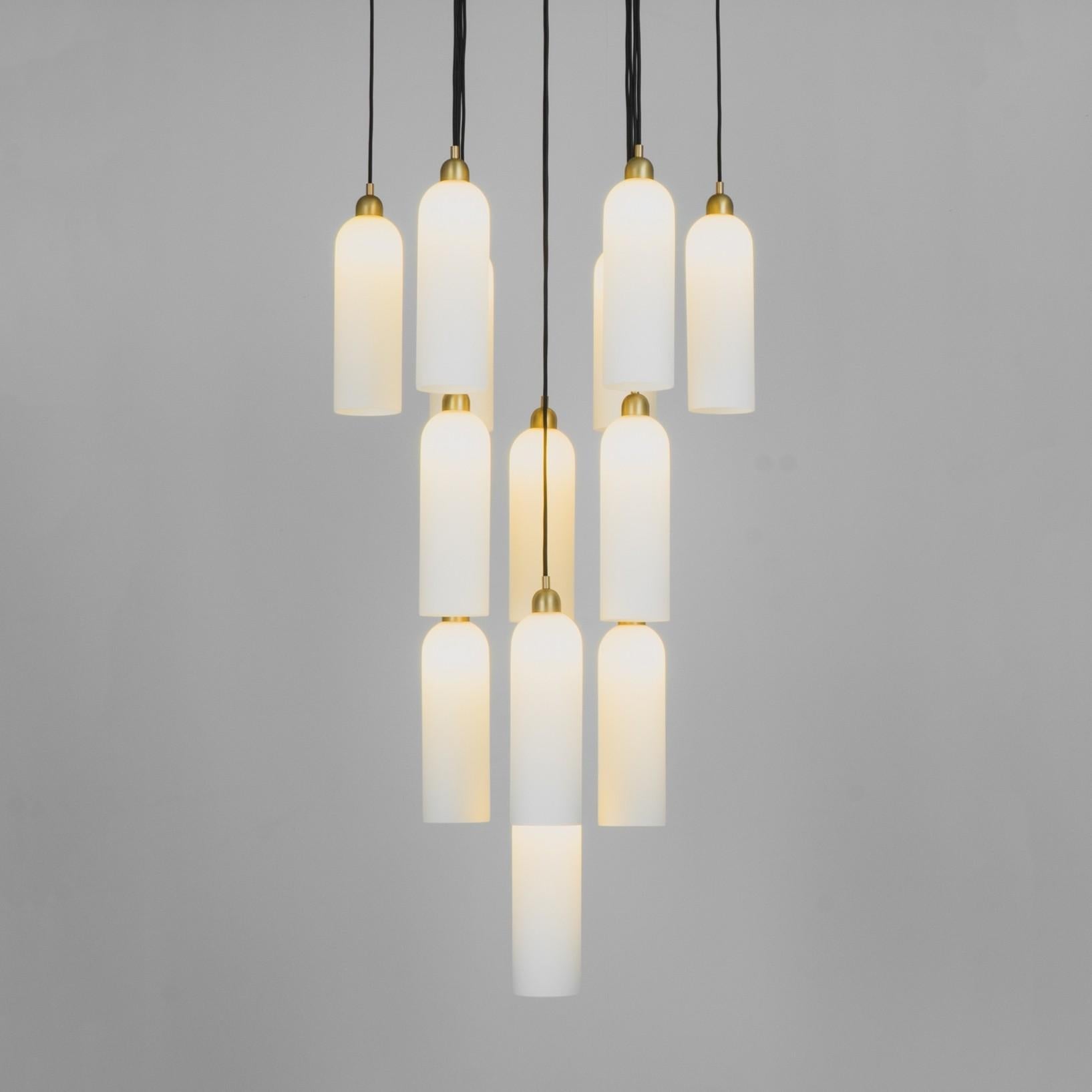 Brass opal contemporary chandelier 13 by Schwung
Dimensions: D 56 x W 63.1 x H 330 cm 
Base: diameter 63 cm
Materials: solid brass, Triplex opal glass. 
Finish: natural brass. 
Available in finishes: polished nickel or black gunmetal.
All our