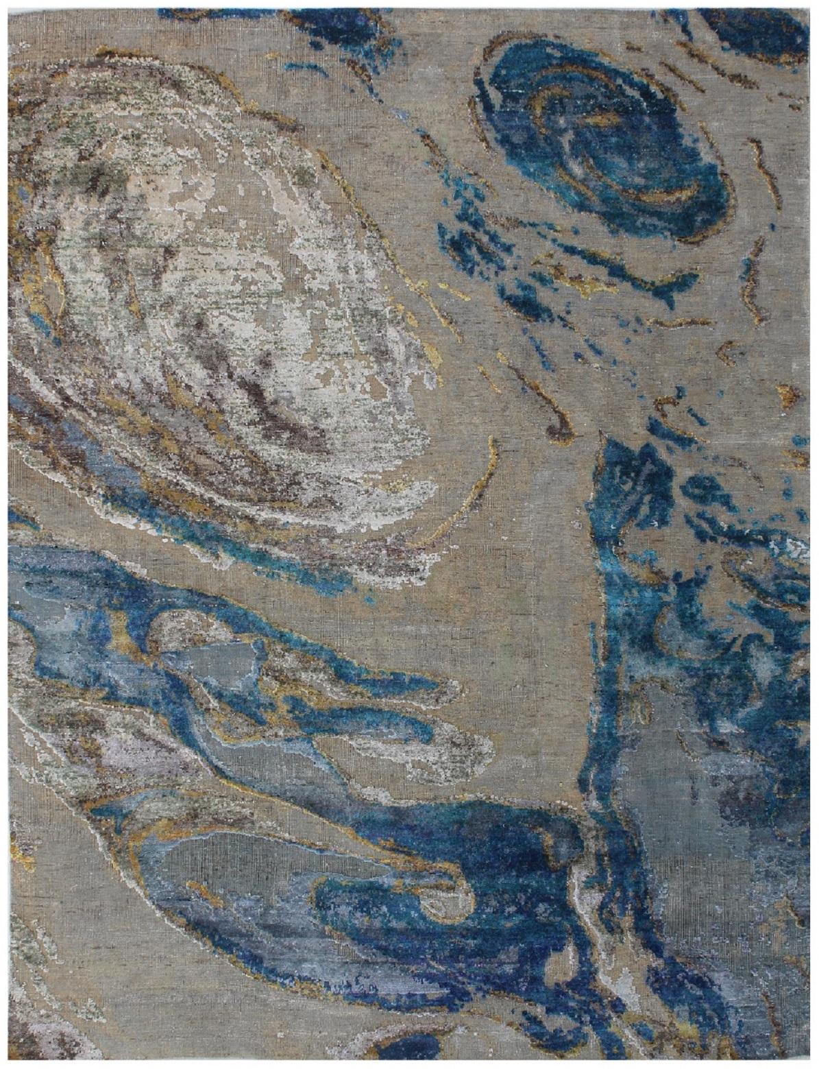 Turquoise Beige Sand Coastal Design Hand-Knotted Wool and Silk Contemporary Rug For Sale