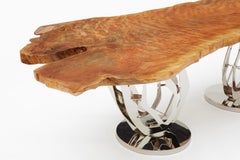 Odyssey Modern Organic Ancient Wood Live Edge Slab Table, Polished Nickel Base