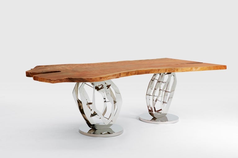 Organic Modern Odyssey Modern Organic Ancient Wood Live Edge Slab Table, Polished Nickel Base For Sale