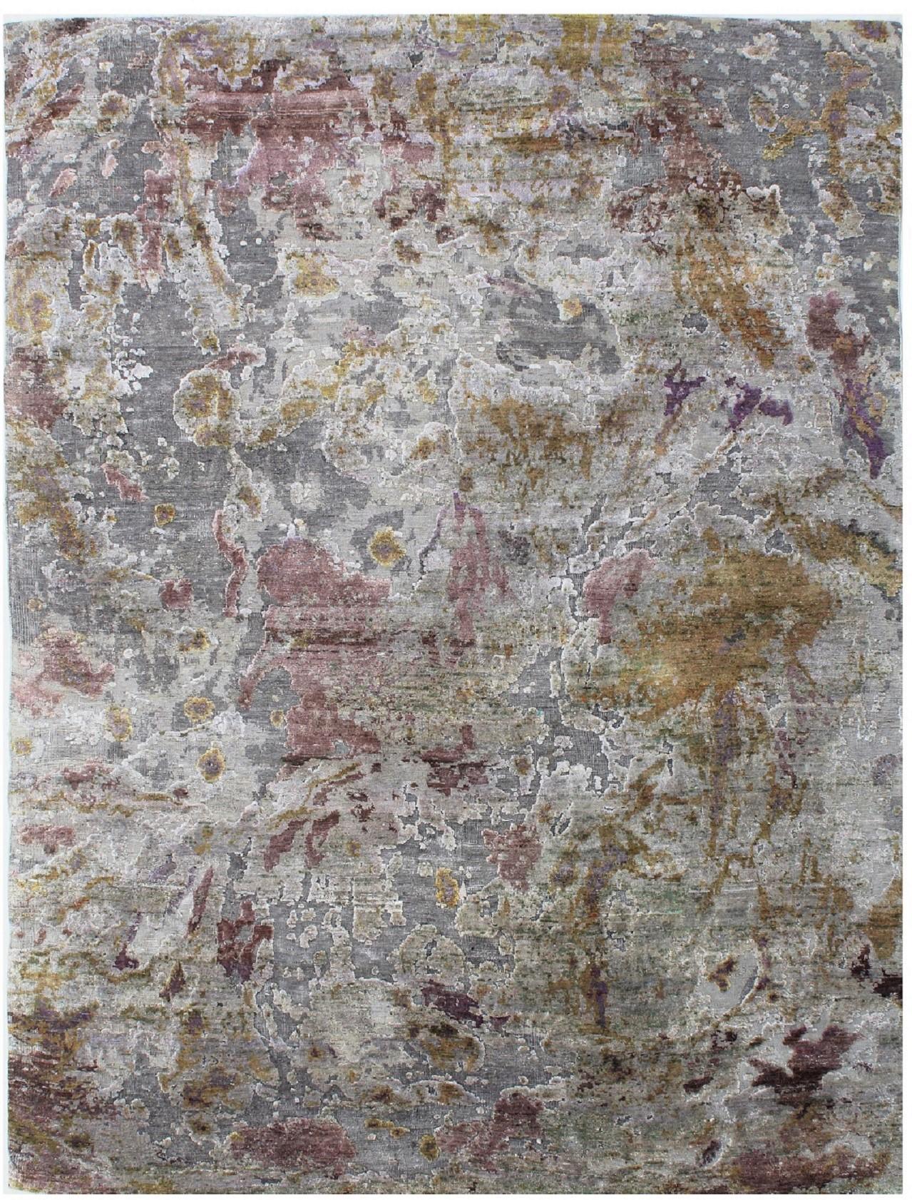 Handgeknüpfter strukturierter Teppich aus Wolle und Naturseide in Taupe, Grau, Rosa und Gelb in Lila