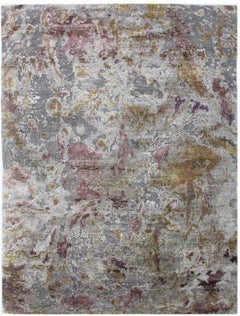 Tapis texturé en laine et soie naturelle nouée à la main, gris taupe, rose, jaune et lilas