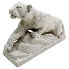 Scultura in ceramica di pantera bianca Art Deco di Odyv, numerata 97 e incisa "ODYV".