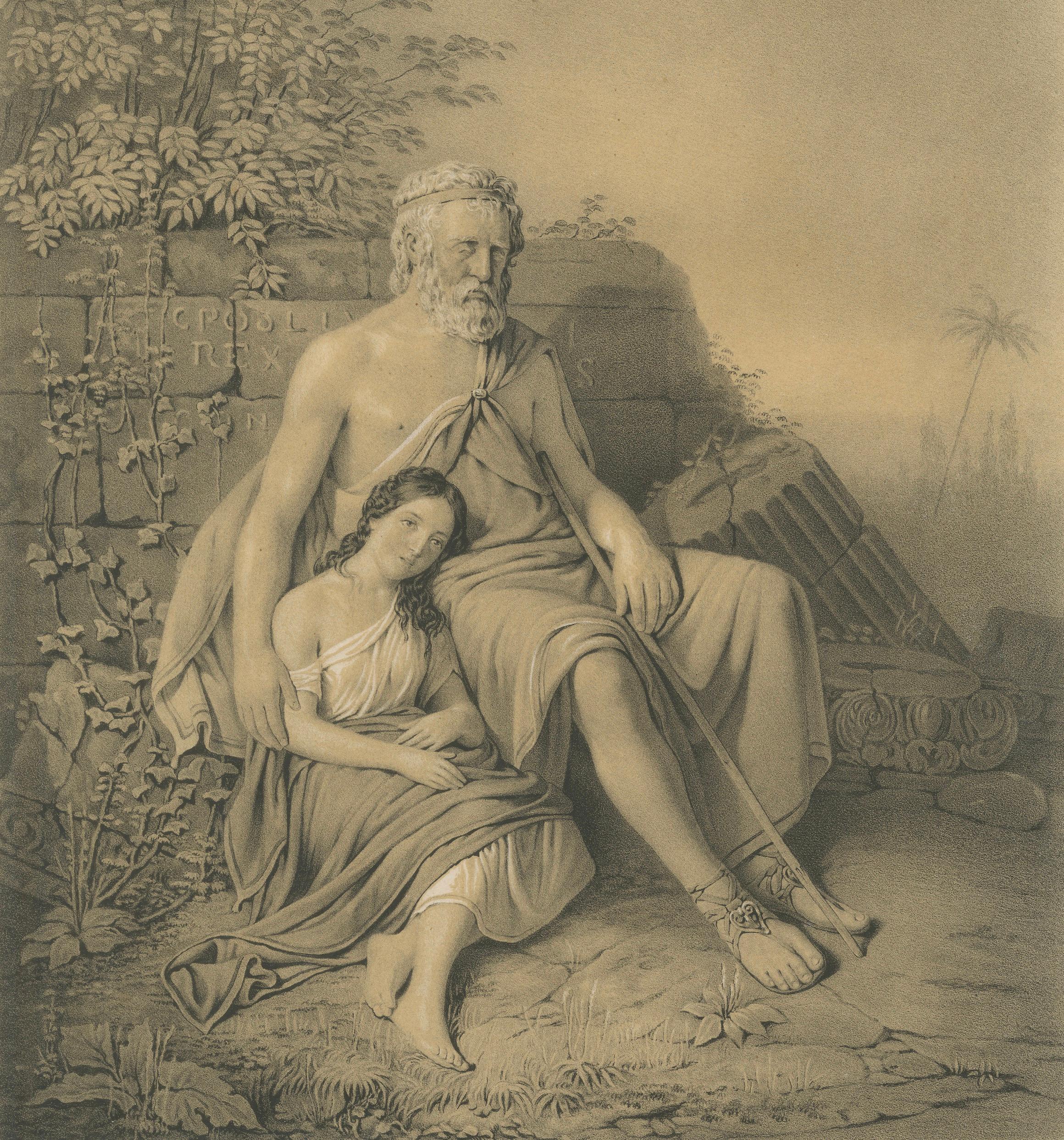 Oedipus and Antigone, Swedish Romantic Lithograph after Pehr Wickenberg, 1850