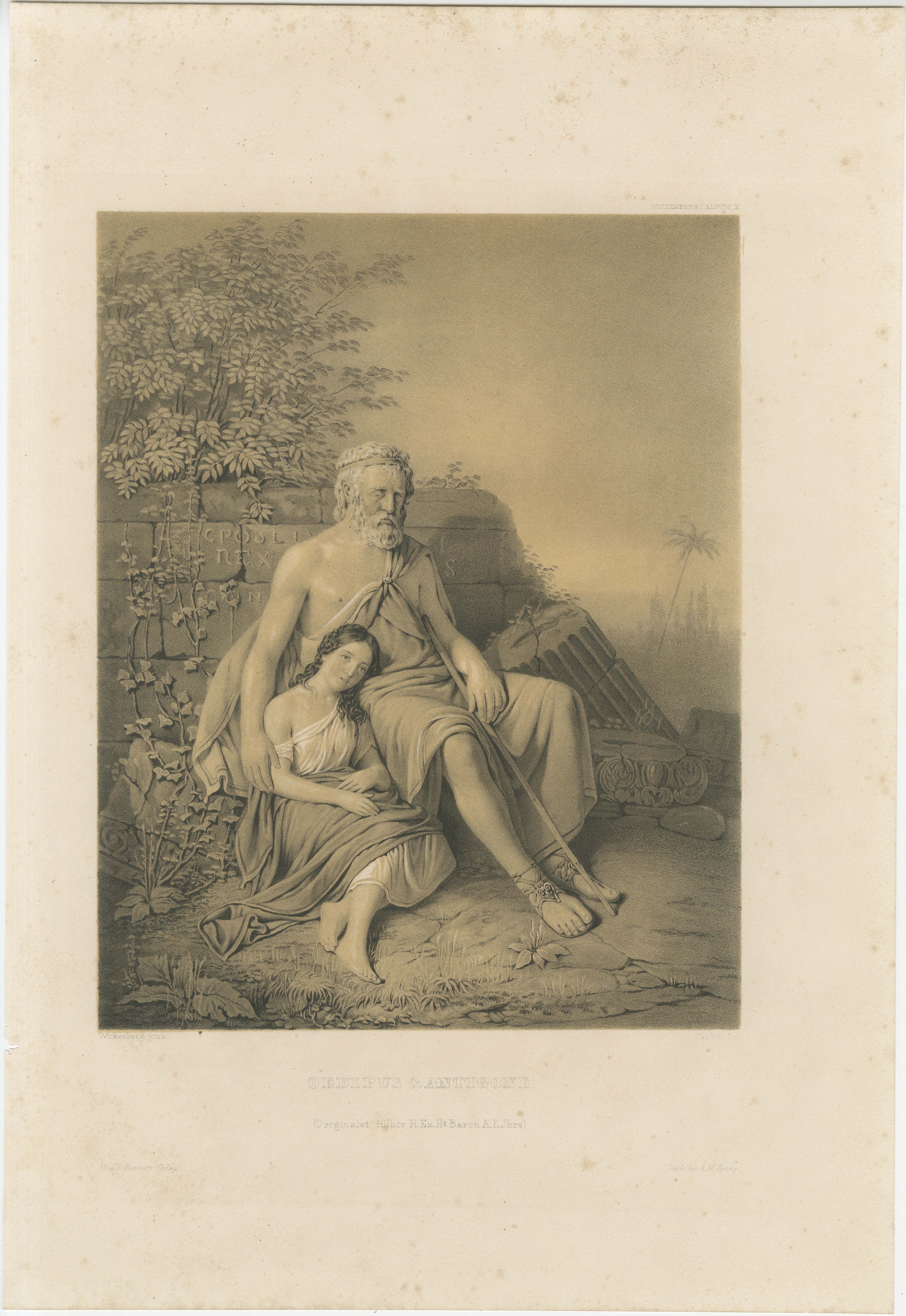 Edipo y Antígona, litografía romántica sueca basada en una obra de Pehr Wickenberg, 1850