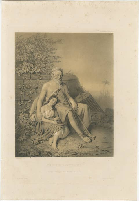 Oedipus and Antigone, Swedish Romantic Lithograph after Pehr Wickenberg, 1850
