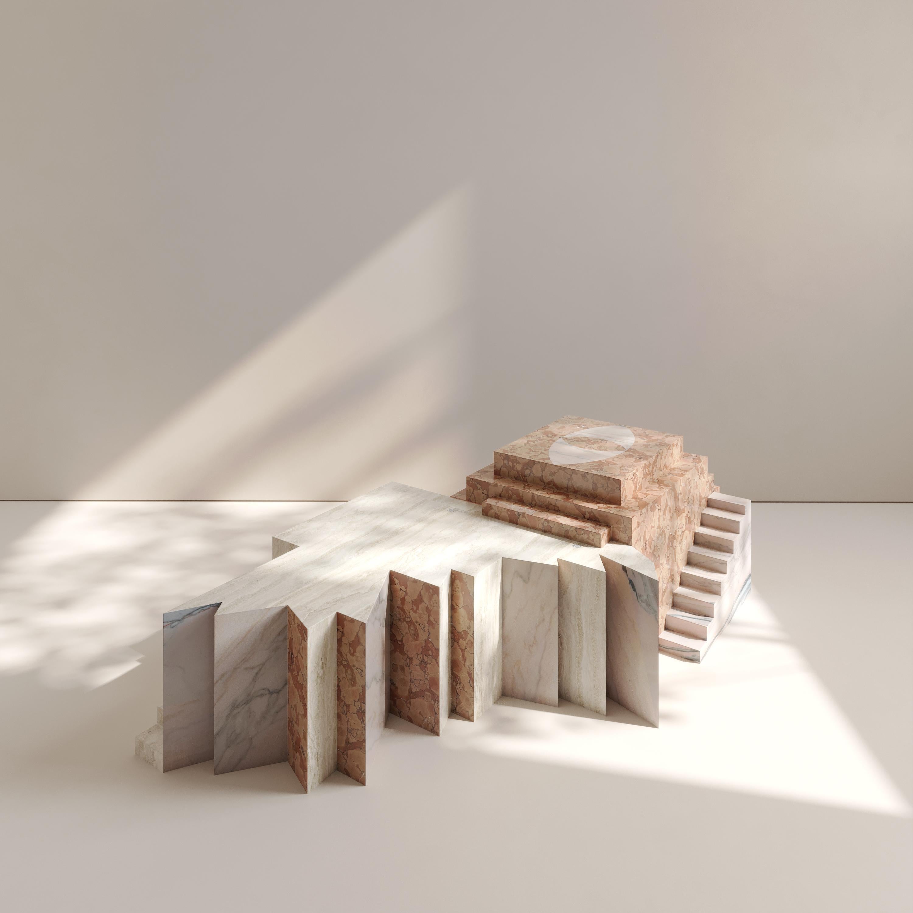 Oedipus coffee table, limited edition by Gabriela Campos 
Edition 1 of 8 
Dimensions: 51,18 x 31.49 x 17.72 in 
Materials: Composition of Marble  Travertine + Rosso Sicily + Portogalo

A profound dialogue with the work “Oedipus, or, the Crossing of