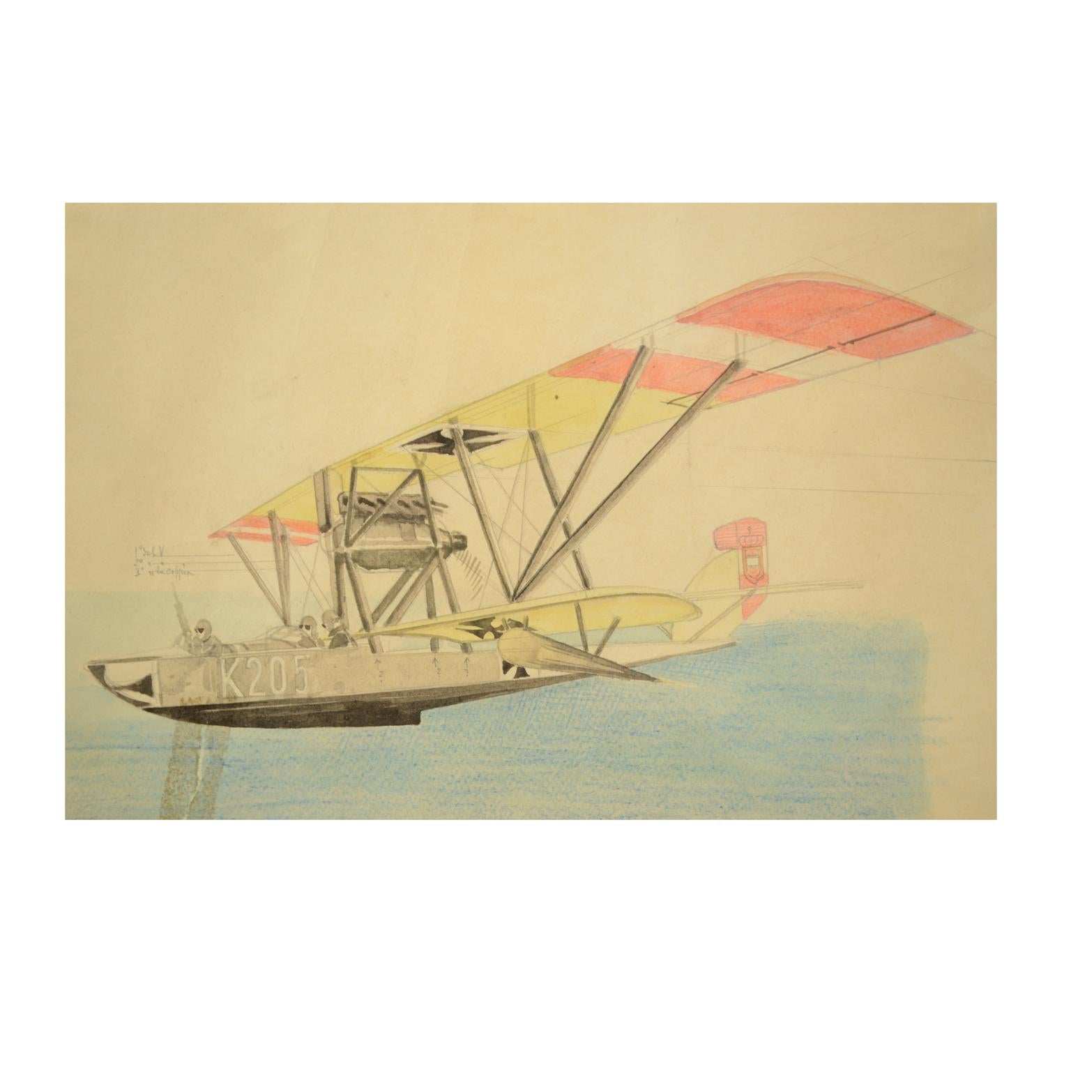 Drawing in mixed technique, water-color, pastel and pencil by Riccardo Cavigioli, represents a three-seat biplane flying-boat for reconnaissance Oeffag K 205. Aircraft equipped with a 185 hp engine and a single machine-gun, produced in Austria