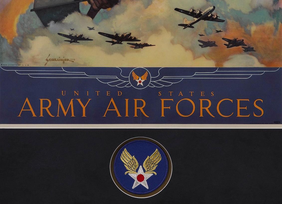 Offered is a vintage 1944 United States Army Air Force poster. Designed by Jes Schlaikjer, the design features an Army Air Force serviceman looking steadfastly towards the distance while some of the most impressive aircraft of the time fly amidst