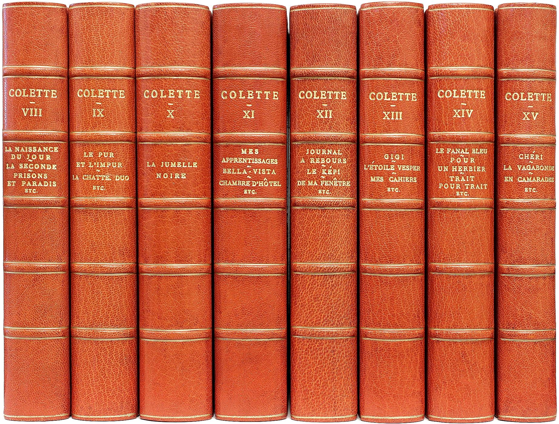 AUTHOR: COLETTE, Sidonie-Gabrielle. 

TITLE: Oeuvres Completes De Colette. (The Complete Works of Colette).

PUBLISHER: Paris: Flammarion, Le Fleuron, 1948-1950,

DESCRIPTION: THE FIRST COLLECTED EDITION. 15 vols., 9-1/4