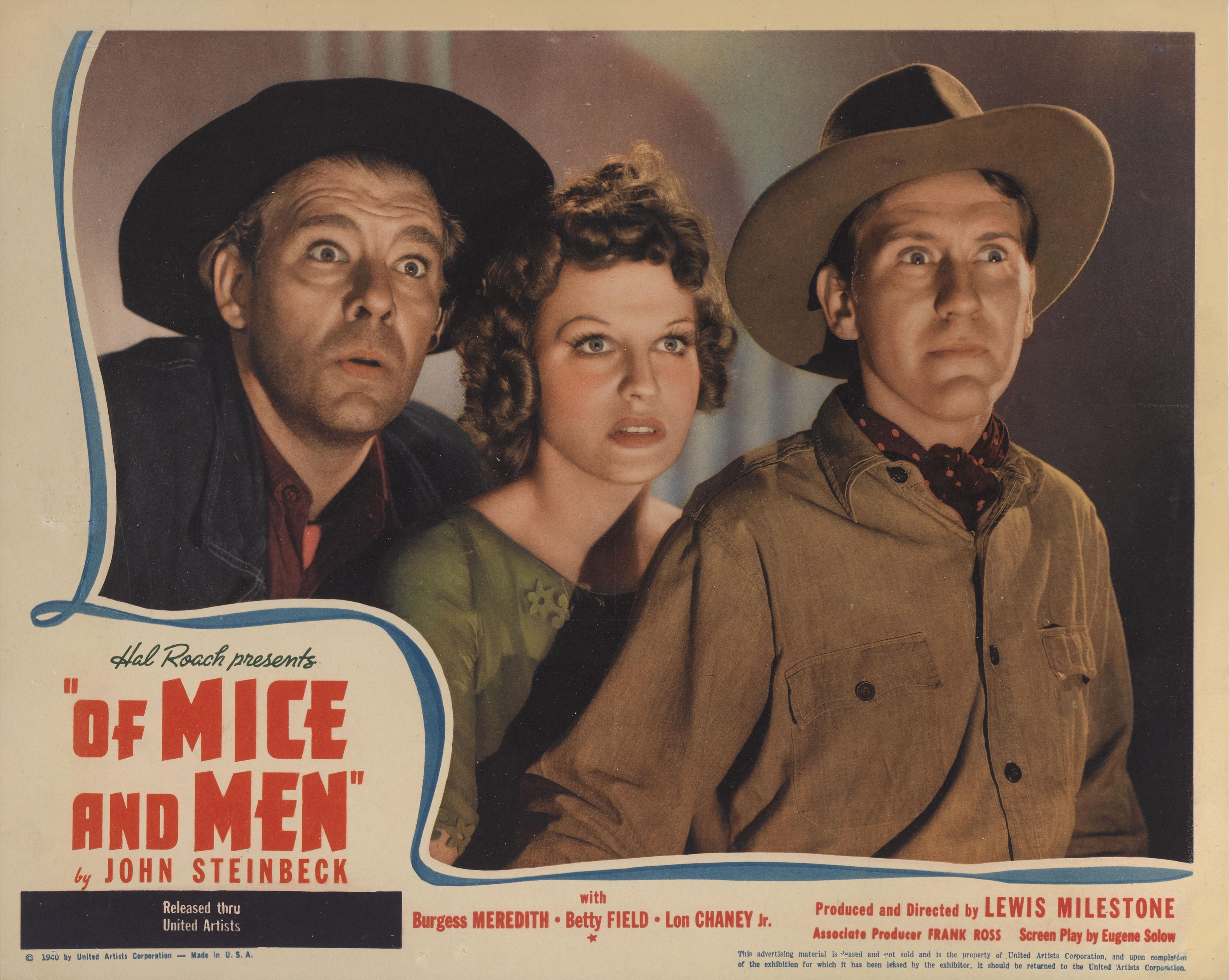 Original US lobby card for the 19339 adventure drama romance Of Mice and Men.
This film starred Lon Chaney, Burgess Meredith and Betty Field and was directed by Lewis Milestone.
This lobby card is conservation framed with UV plexiglass in an Obeche
