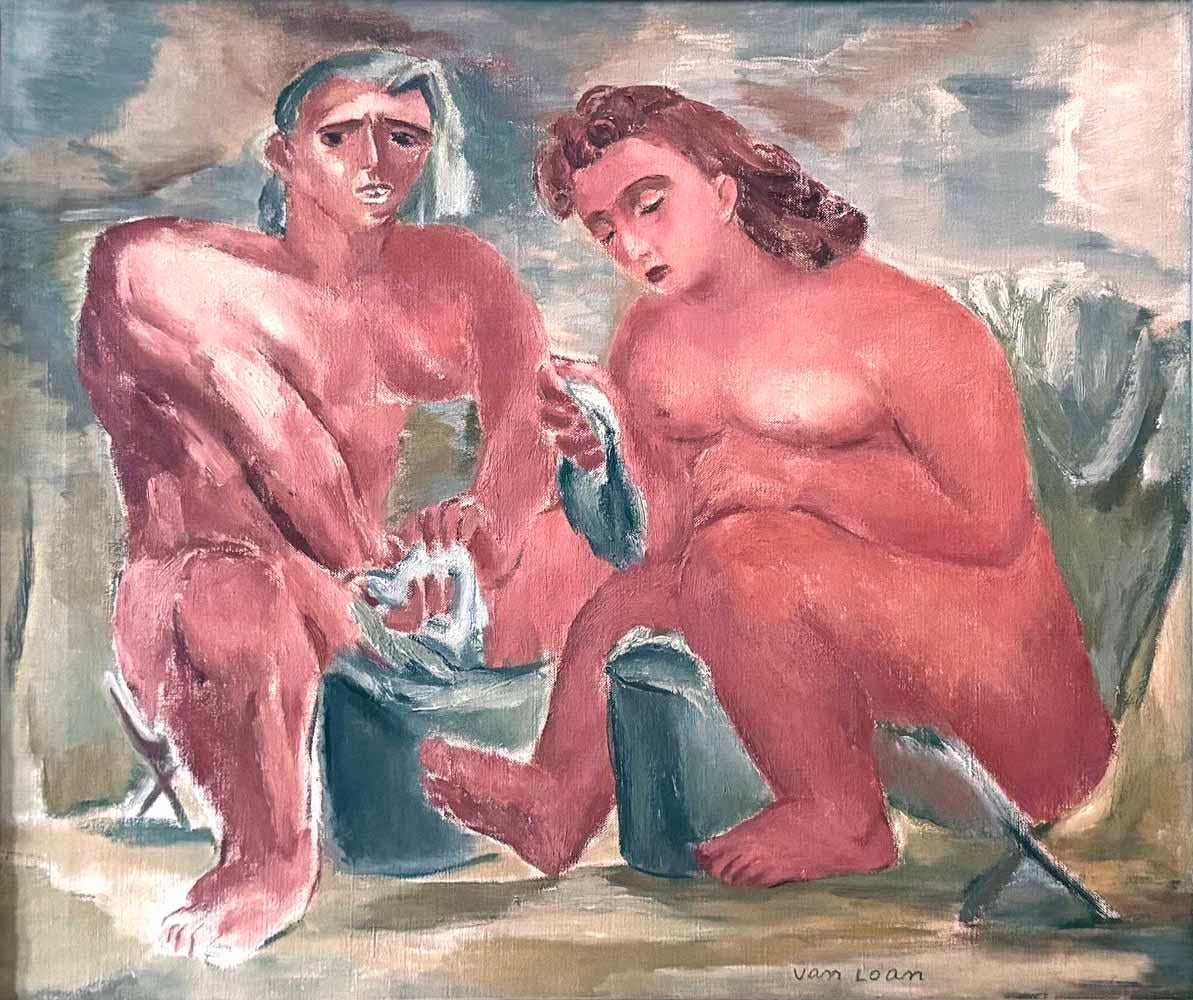 Executed in gorgeous shades of deep pink, dove gray and olive, this scene of two nude women perched on folding chairs was painted by Dorothy Van Loan, a celebrated modernist from Philadelphia.  She named it, somewhat mysteriously, 