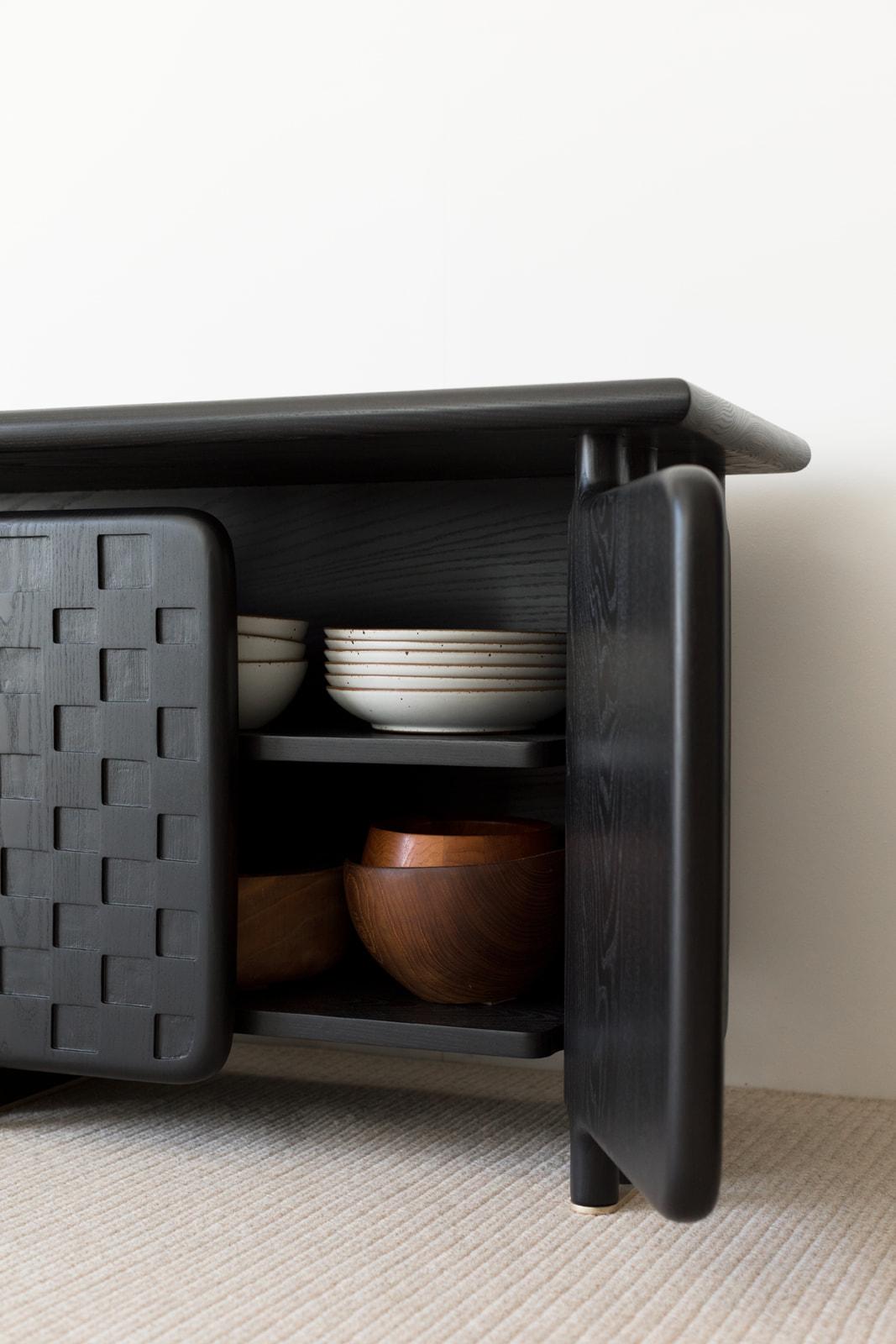 Off-Grid Solid Wood Contemporary Sculptural Carved Credenza Cabinet Sideboard For Sale 5