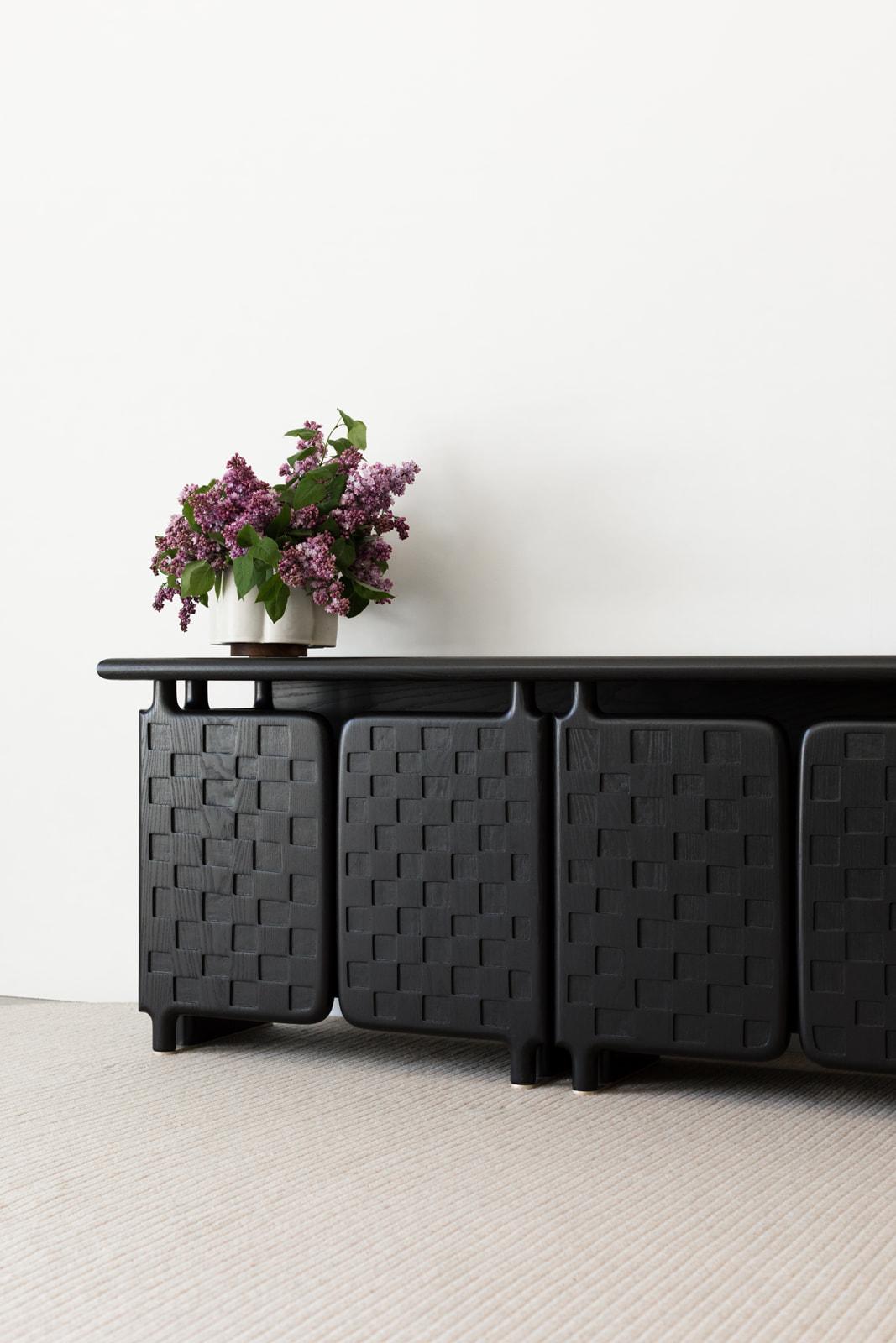 Off-Grid Solid Wood Contemporary Sculptural Carved Credenza Cabinet Sideboard For Sale 9