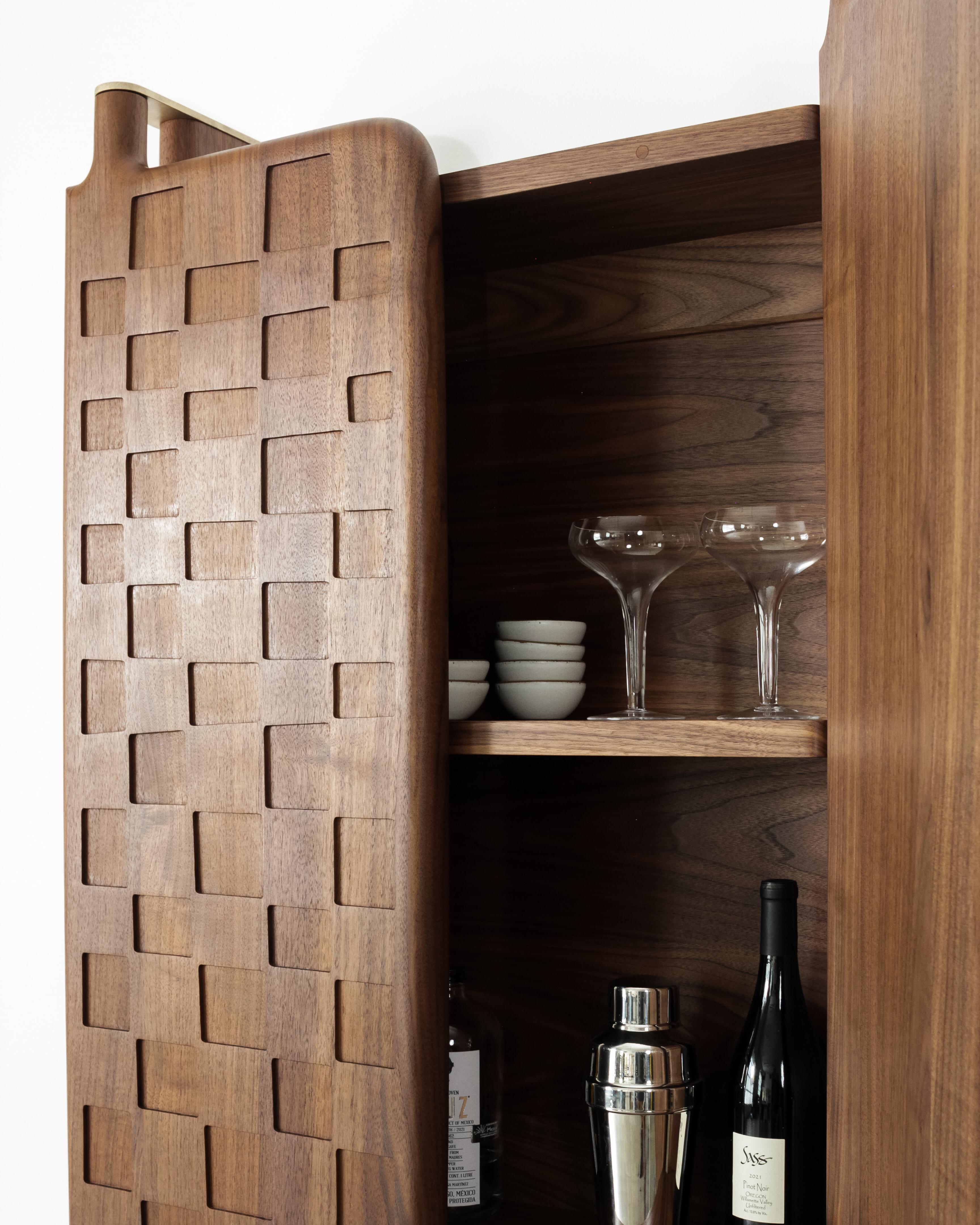 Off-Grid Solid Wood Contemporary Sculptural Carved Wall-Mounted Bar Cabinet For Sale 4
