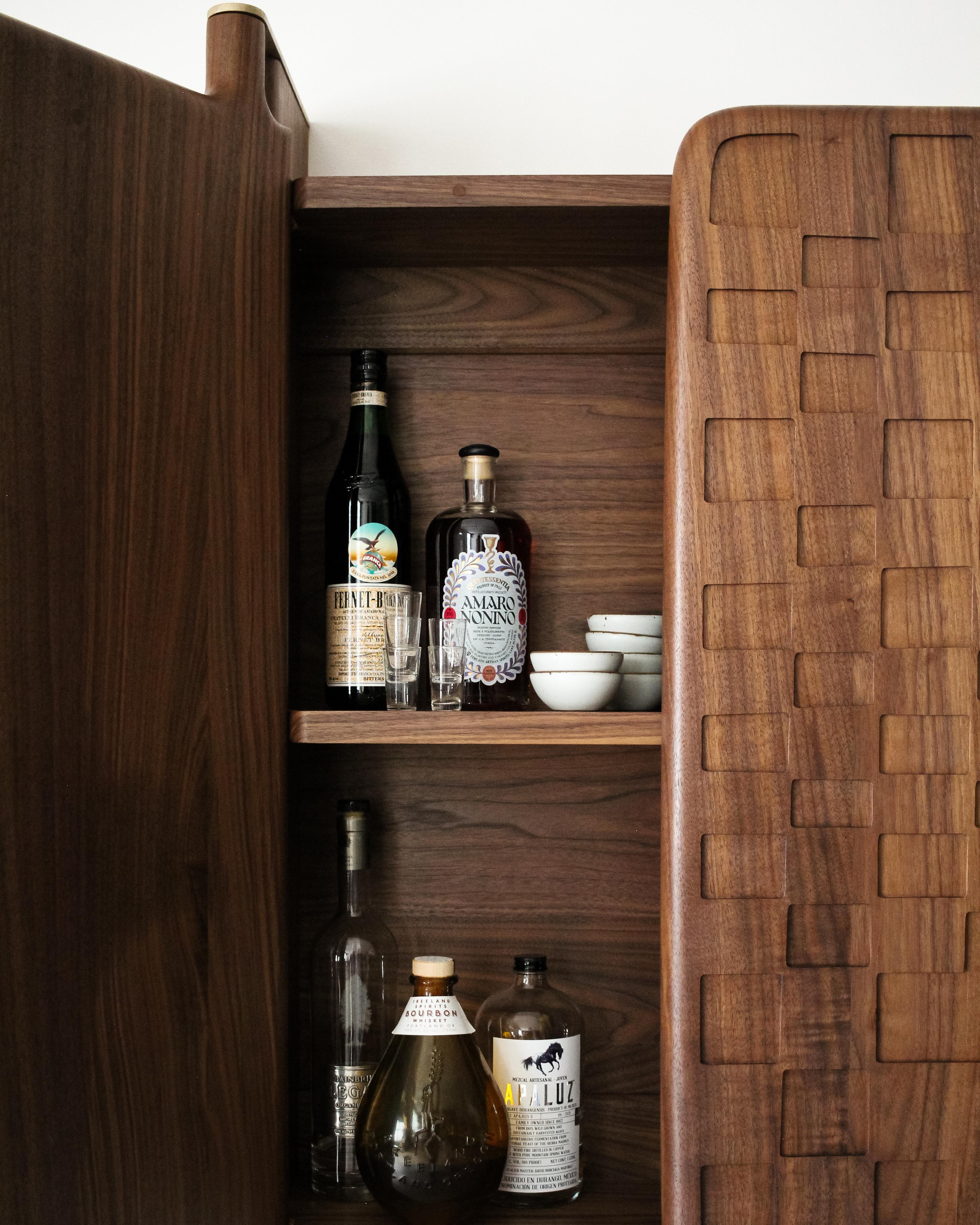 Off-Grid Solid Wood Contemporary Sculptural Carved Wall-Mounted Bar Cabinet For Sale 6
