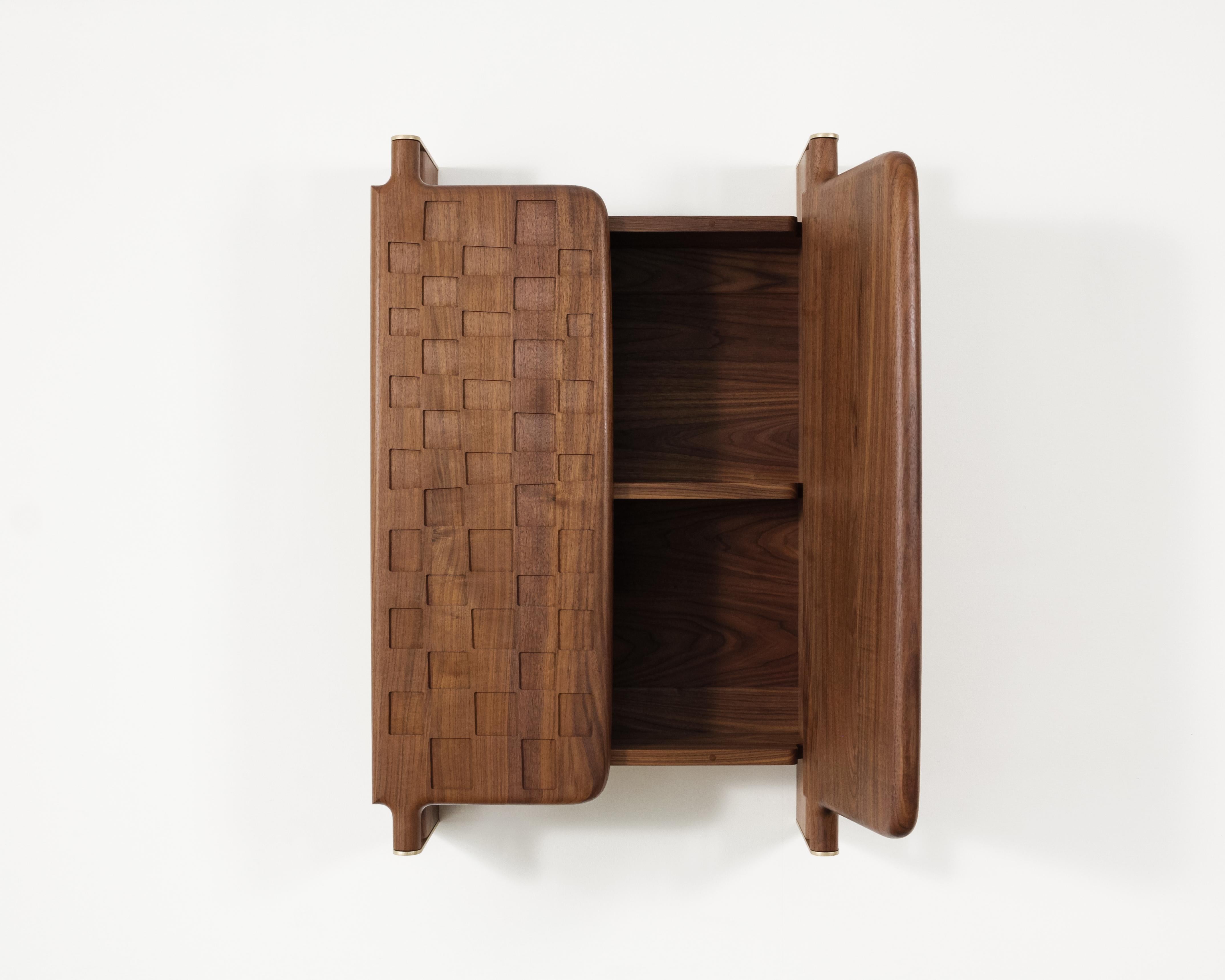 Modern Off-Grid Solid Wood Contemporary Sculptural Carved Wall-Mounted Bar Cabinet For Sale