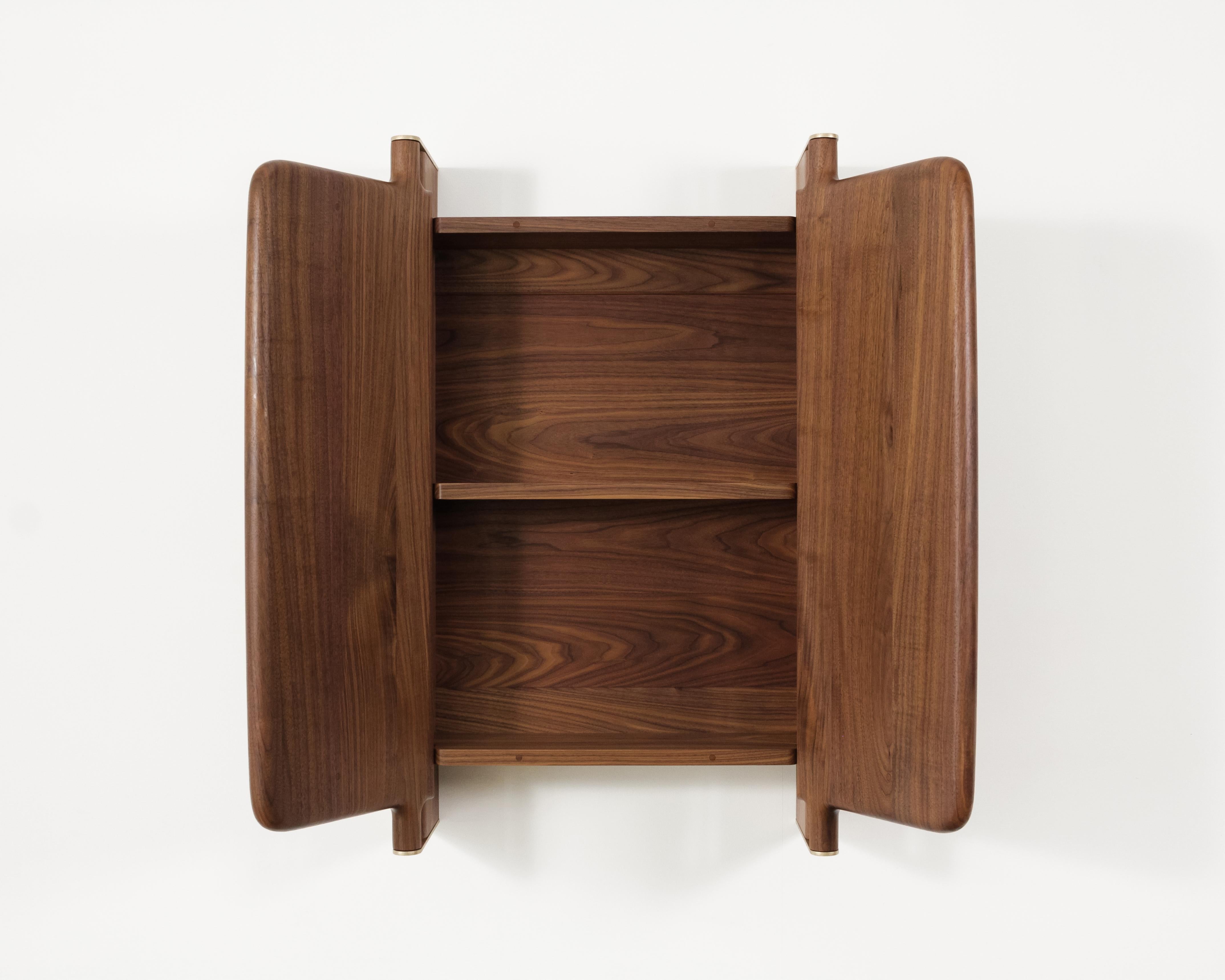 American Off-Grid Solid Wood Contemporary Sculptural Carved Wall-Mounted Bar Cabinet For Sale