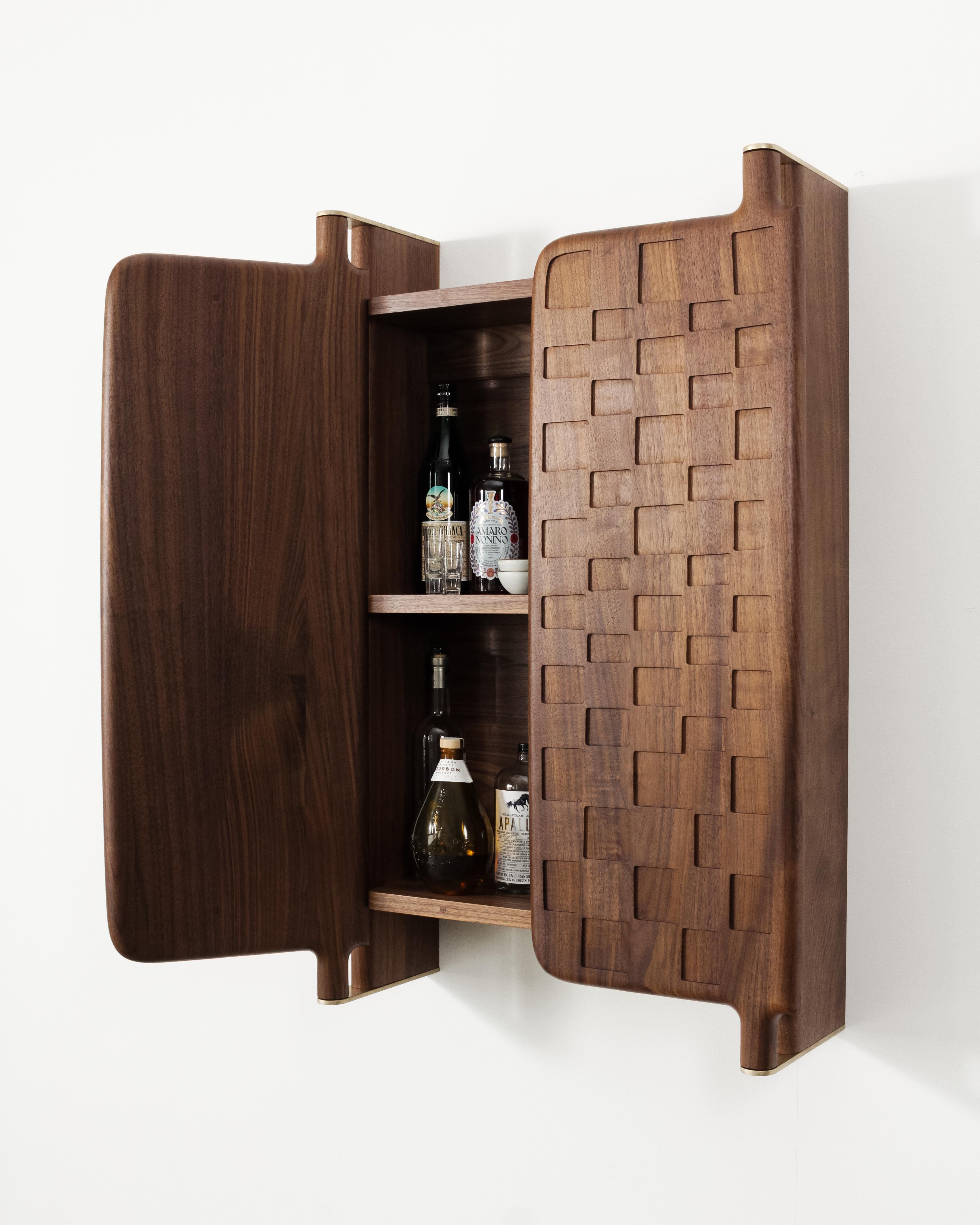 Off-Grid Solid Wood Contemporary Sculptural Carved Wall-Mounted Bar Cabinet In New Condition For Sale In Bainbridge Island, WA