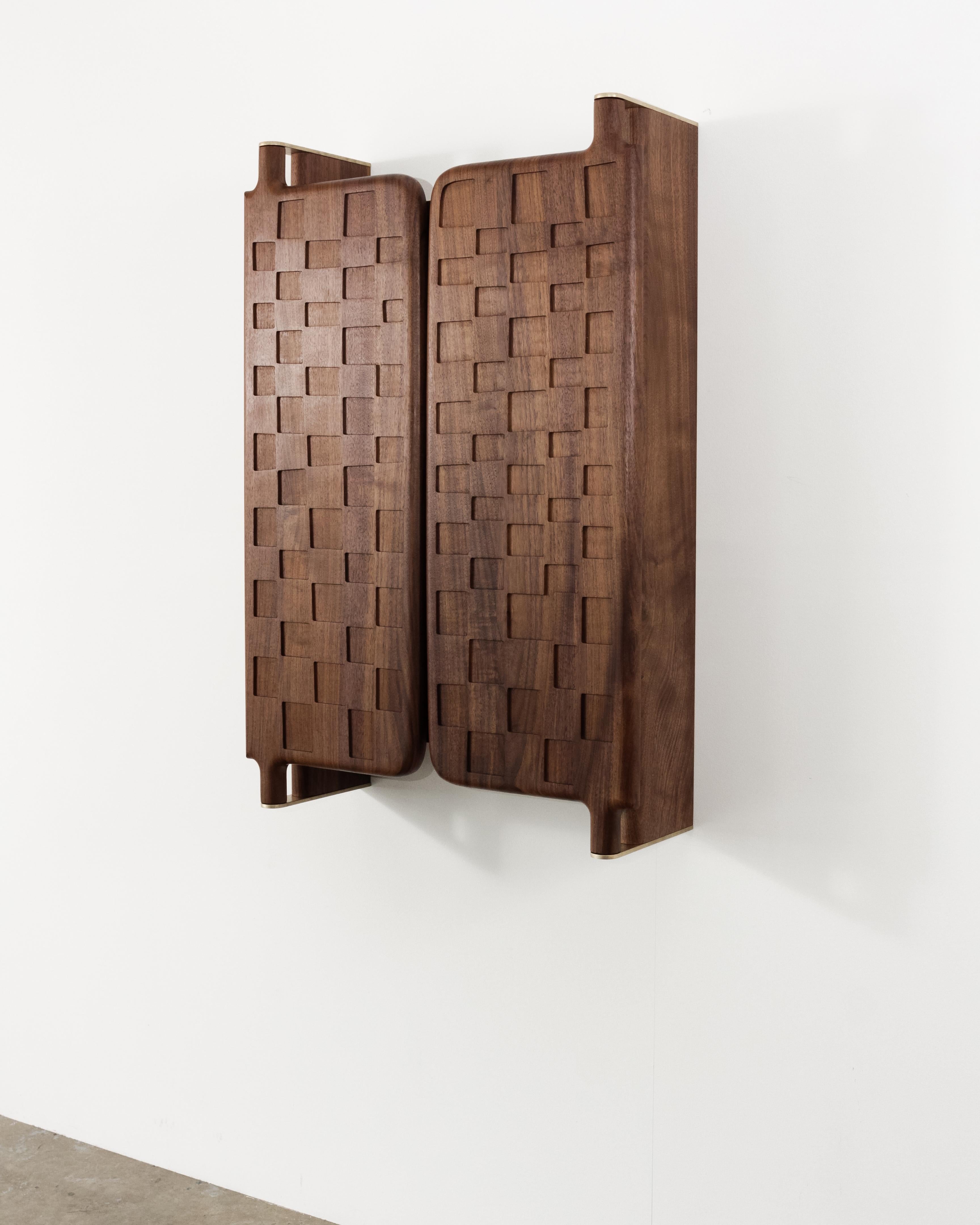 Walnut Off-Grid Solid Wood Contemporary Sculptural Carved Wall-Mounted Bar Cabinet For Sale