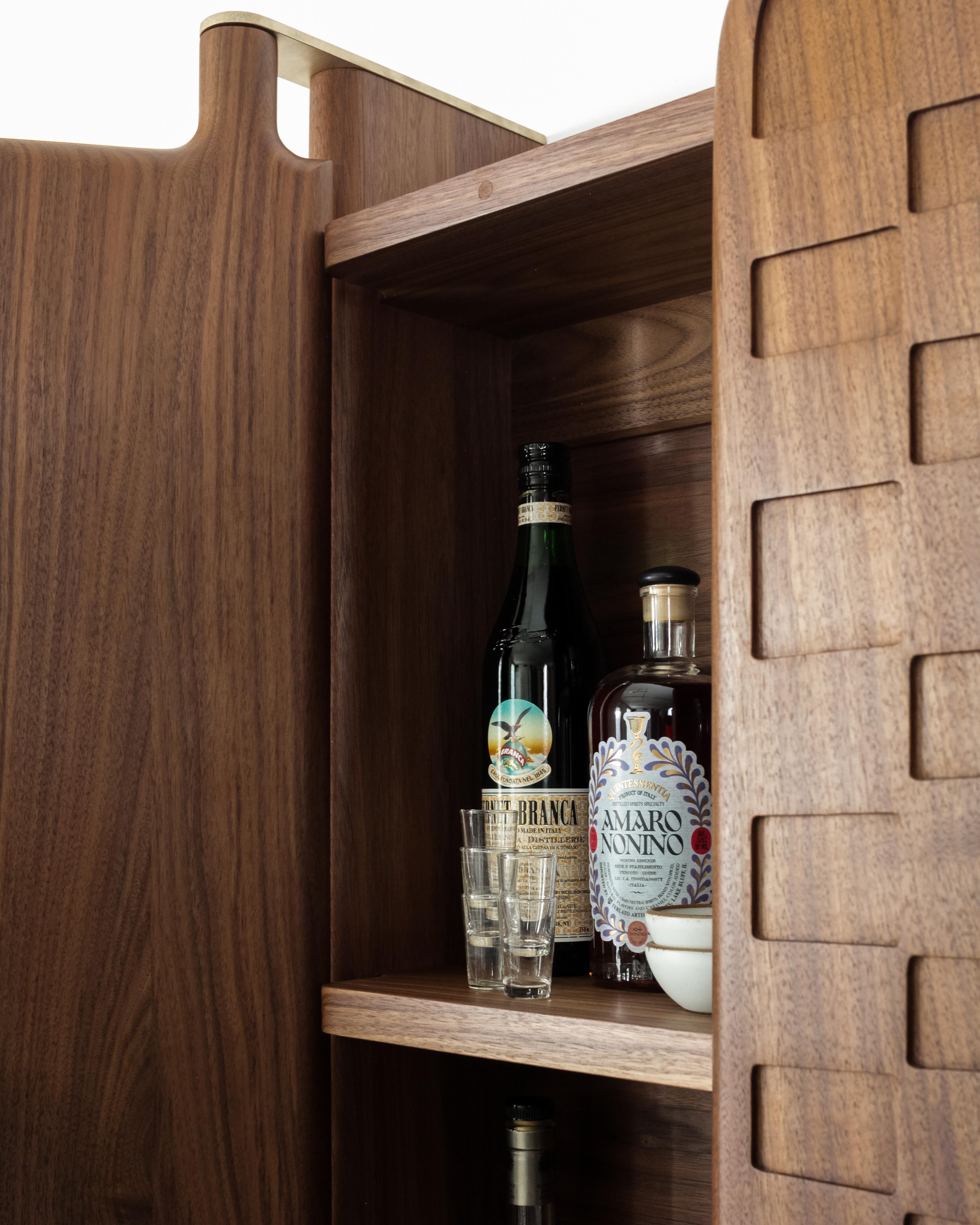 Off-Grid Solid Wood Contemporary Sculptural Carved Wall-Mounted Bar Cabinet For Sale 1